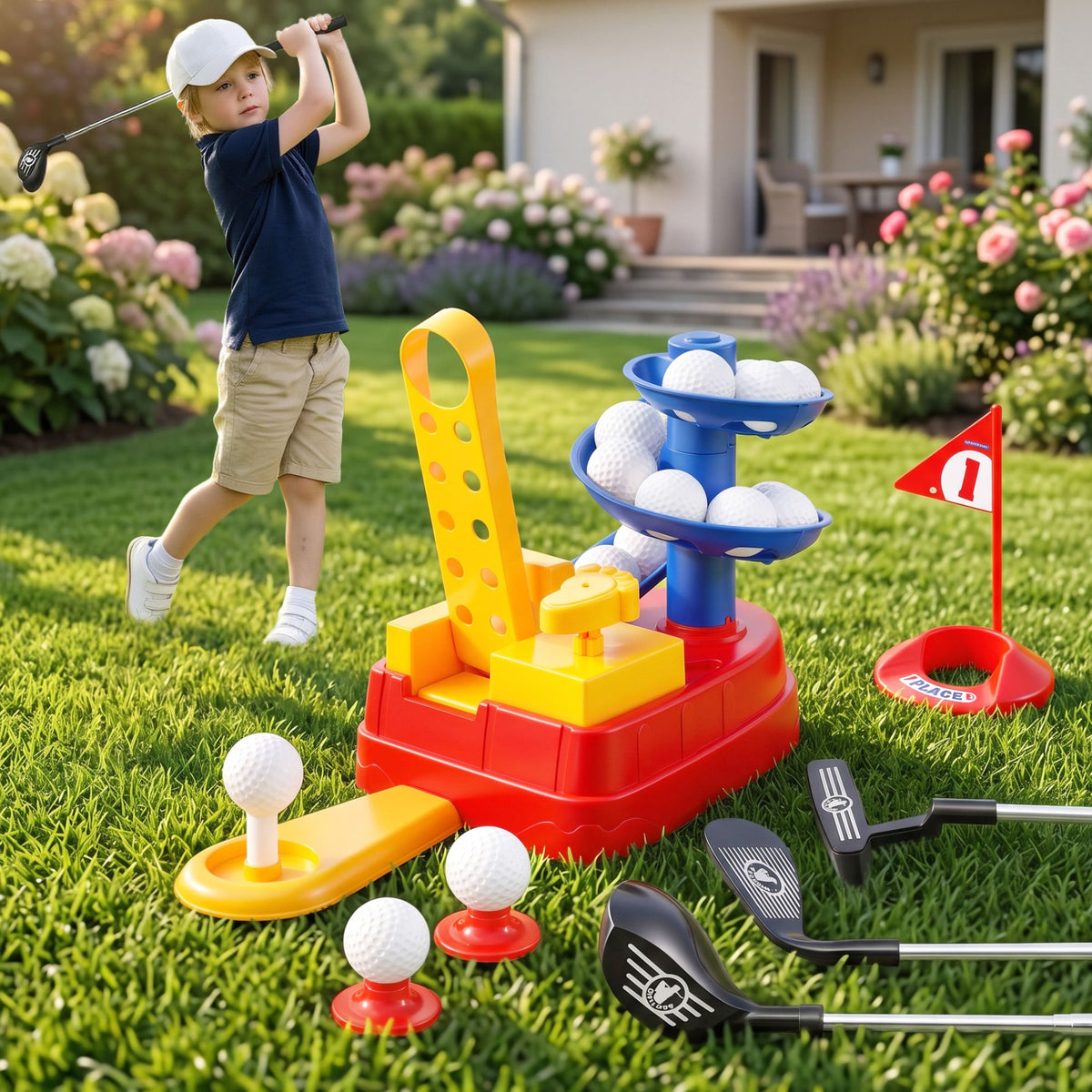 Keezi Kids Golf Toy Set with 20 Balls & 3 Adjustable Clubs, Foot Pedal Ball Launcher Portable Training Toy, Indoor Outdoor Backyard Sports Game for Ages 3-8-Baby & Kids > Baby & Kid&