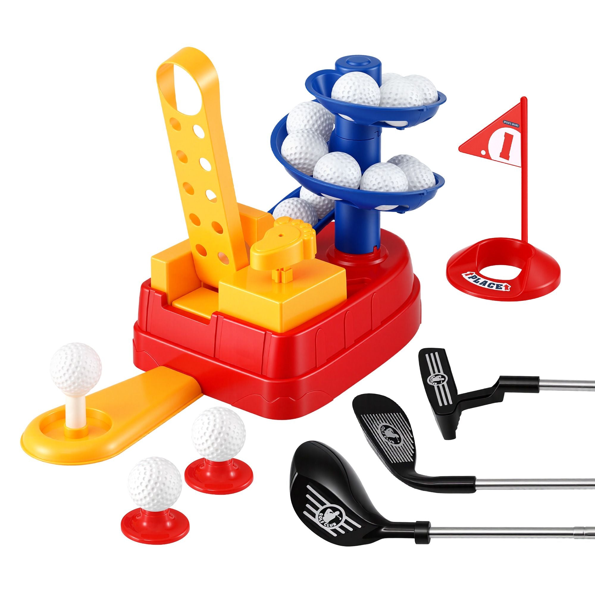 Keezi Kids Golf Toy Set with 20 Balls & 3 Adjustable Clubs, Foot Pedal Ball Launcher Portable Training Toy, Indoor Outdoor Backyard Sports Game for Ages 3-8-Baby & Kids > Baby & Kid&