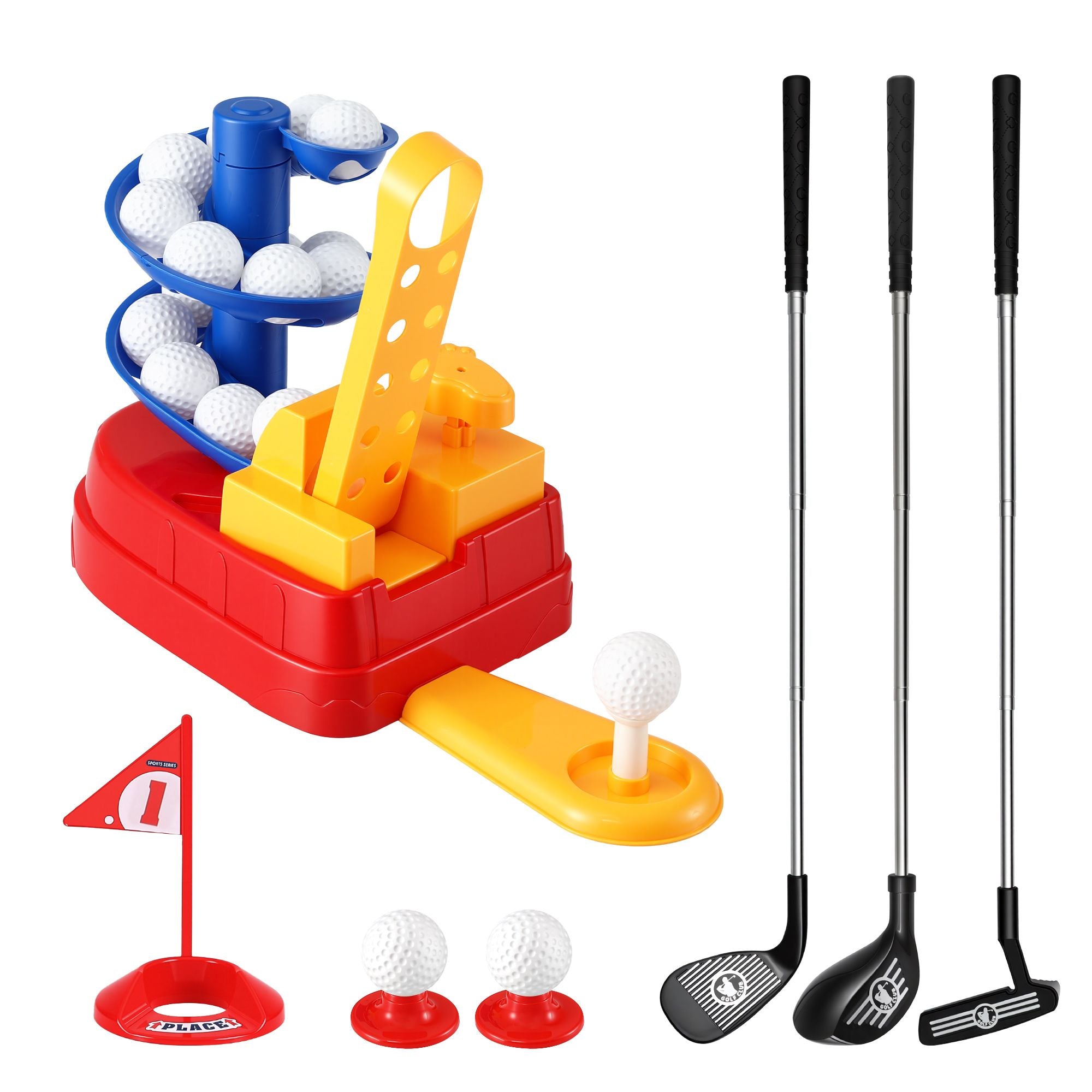 Keezi Kids Golf Toy Set with 20 Balls & 3 Adjustable Clubs, Foot Pedal Ball Launcher Portable Training Toy, Indoor Outdoor Backyard Sports Game for Ages 3-8-Baby & Kids > Baby & Kid&