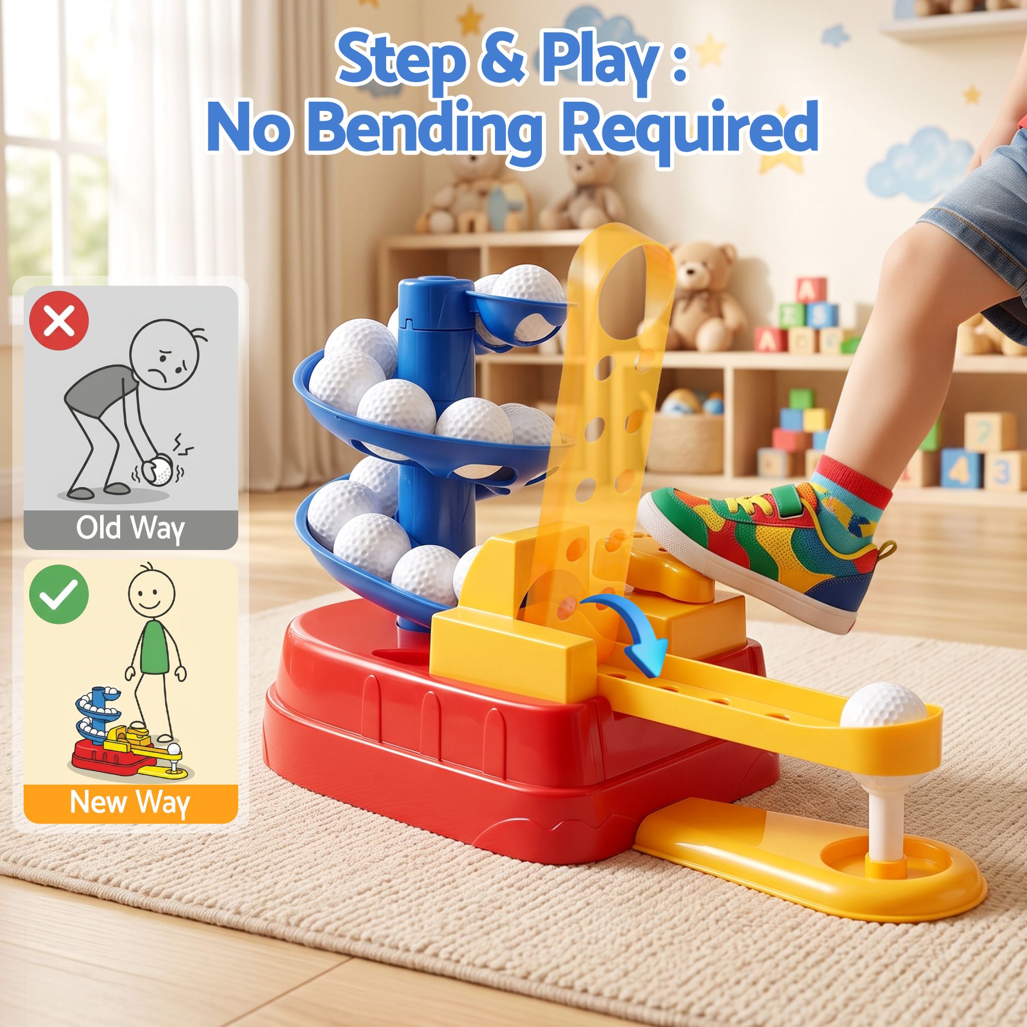 Keezi Kids Golf Toy Set with 20 Balls & 3 Adjustable Clubs, Foot Pedal Ball Launcher Portable Training Toy, Indoor Outdoor Backyard Sports Game for Ages 3-8-Baby & Kids > Baby & Kid&