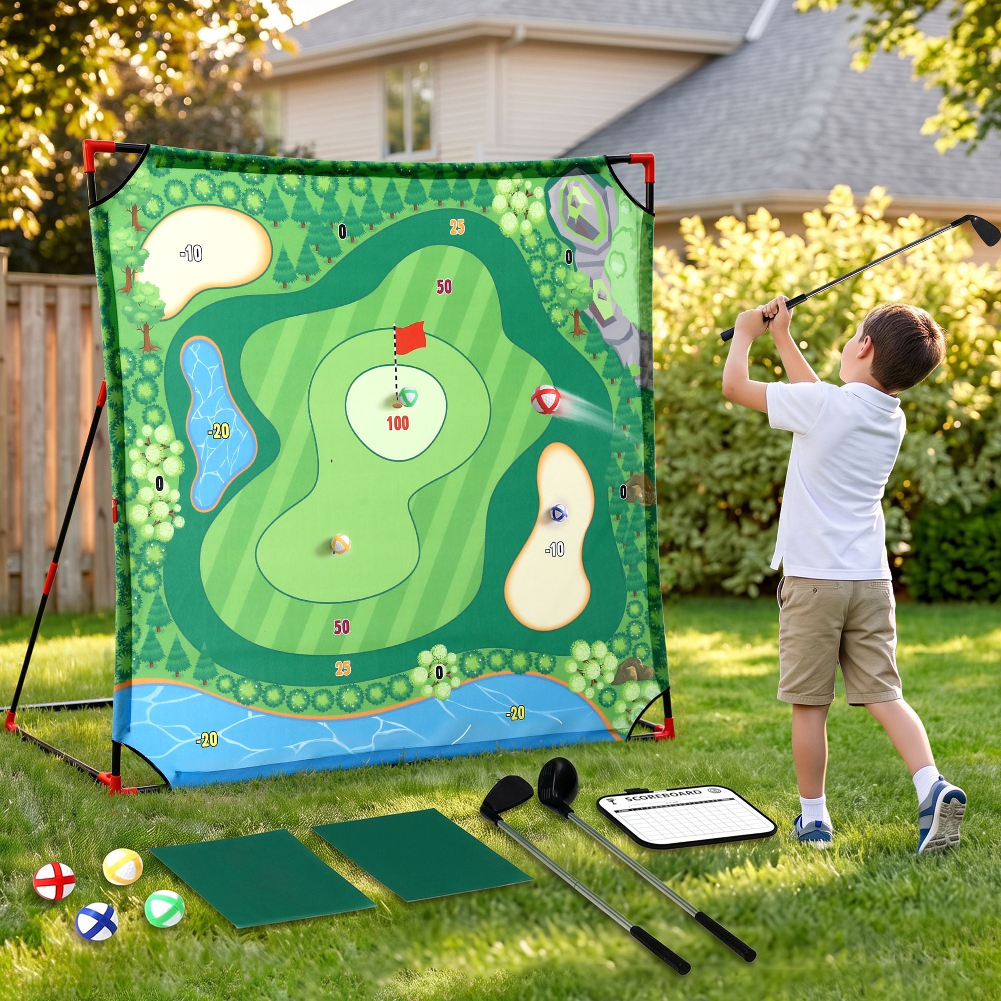 Keezi Kids Golf Play Set Chipping Game, 24 Sticky Balls, Adjustable Club & 2 Hitting Mats for Indoor Outdoor Ages 3-12 Play-Baby & Kids > Baby & Kid&