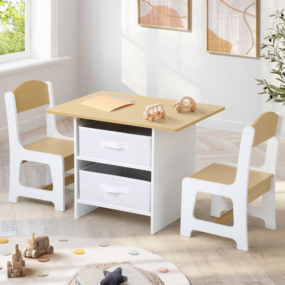 Oikiture Kids Table and Chair Set with Storage Bins Wooden & White-Kid Table Set-PEROZ Accessories