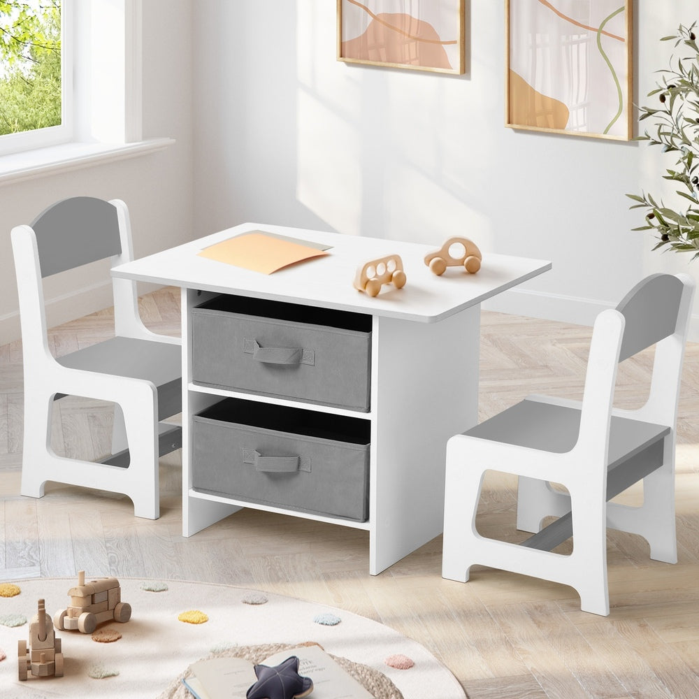 Oikiture Kids Table and Chair Set with Storage Bins White & Grey-Kid Table Set-PEROZ Accessories