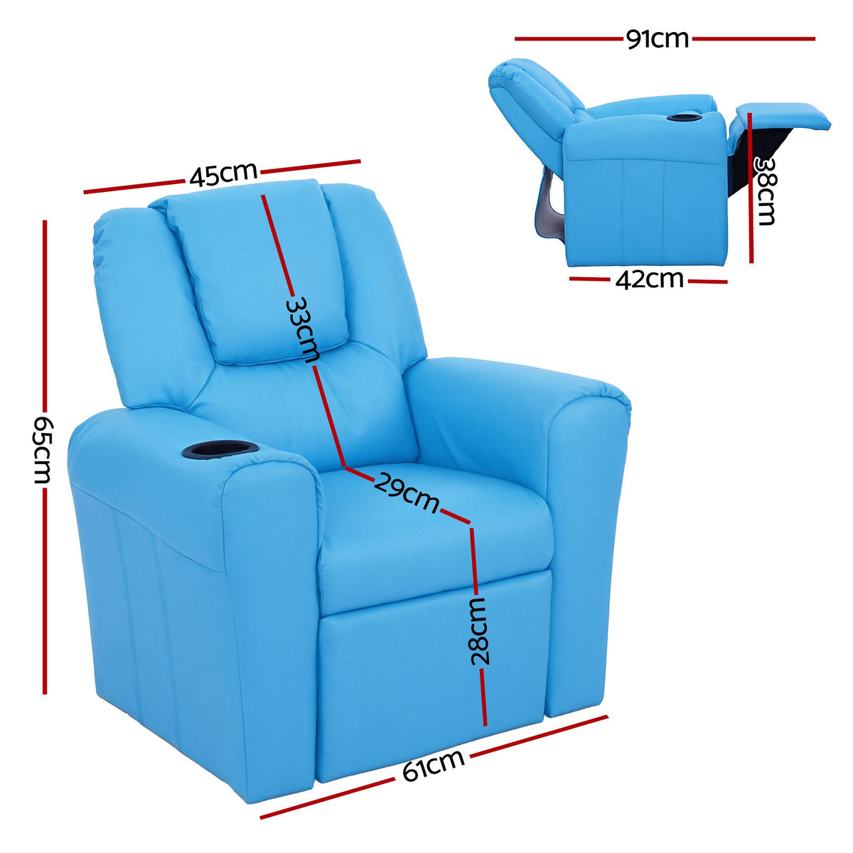 Keezi Kids Recliner Chair PU Leather Sofa Lounge Couch Children Armchair Blue-Recliner Chairs-PEROZ Accessories
