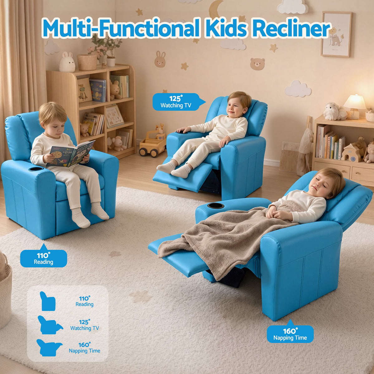 Keezi Kids Recliner Chair PU Leather Sofa Lounge Couch Children Armchair Blue-Recliner Chairs-PEROZ Accessories