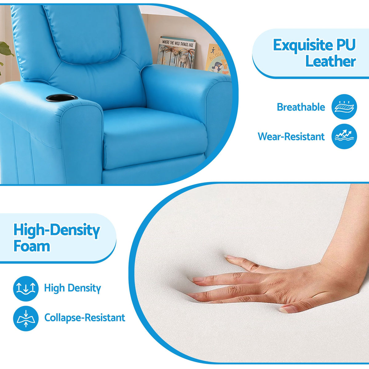 Keezi Kids Recliner Chair PU Leather Sofa Lounge Couch Children Armchair Blue-Recliner Chairs-PEROZ Accessories