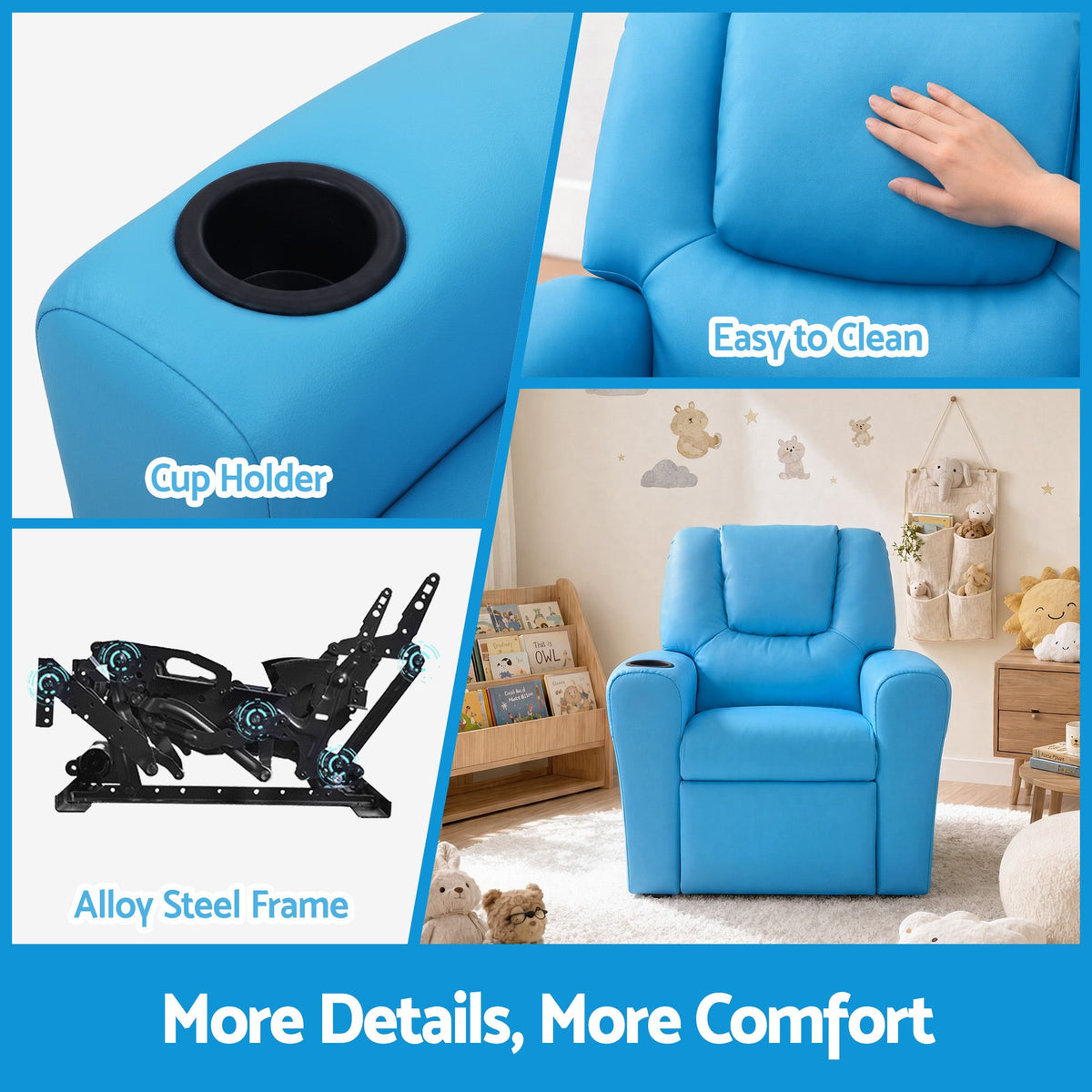 Keezi Kids Recliner Chair PU Leather Sofa Lounge Couch Children Armchair Blue-Recliner Chairs-PEROZ Accessories