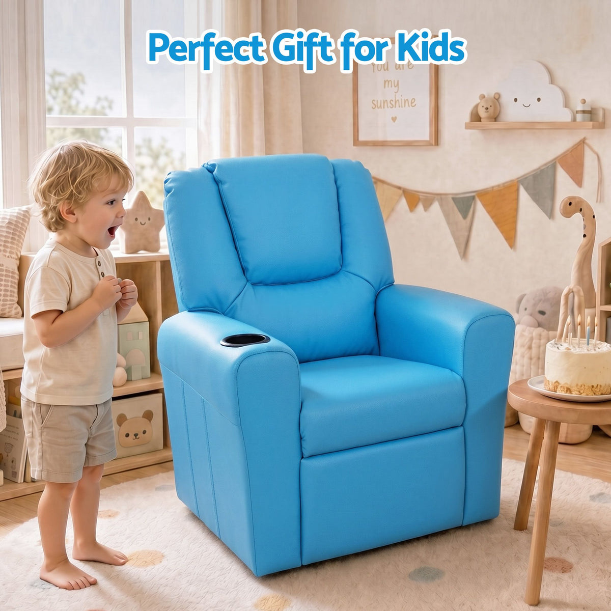 Keezi Kids Recliner Chair PU Leather Sofa Lounge Couch Children Armchair Blue-Recliner Chairs-PEROZ Accessories