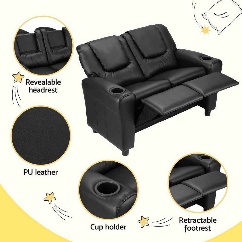 Keezi Kids Recliner Chair Double PU Leather Sofa Lounge Couch Armchair Black-Furniture > Office > Office & Desk Chairs-PEROZ Accessories