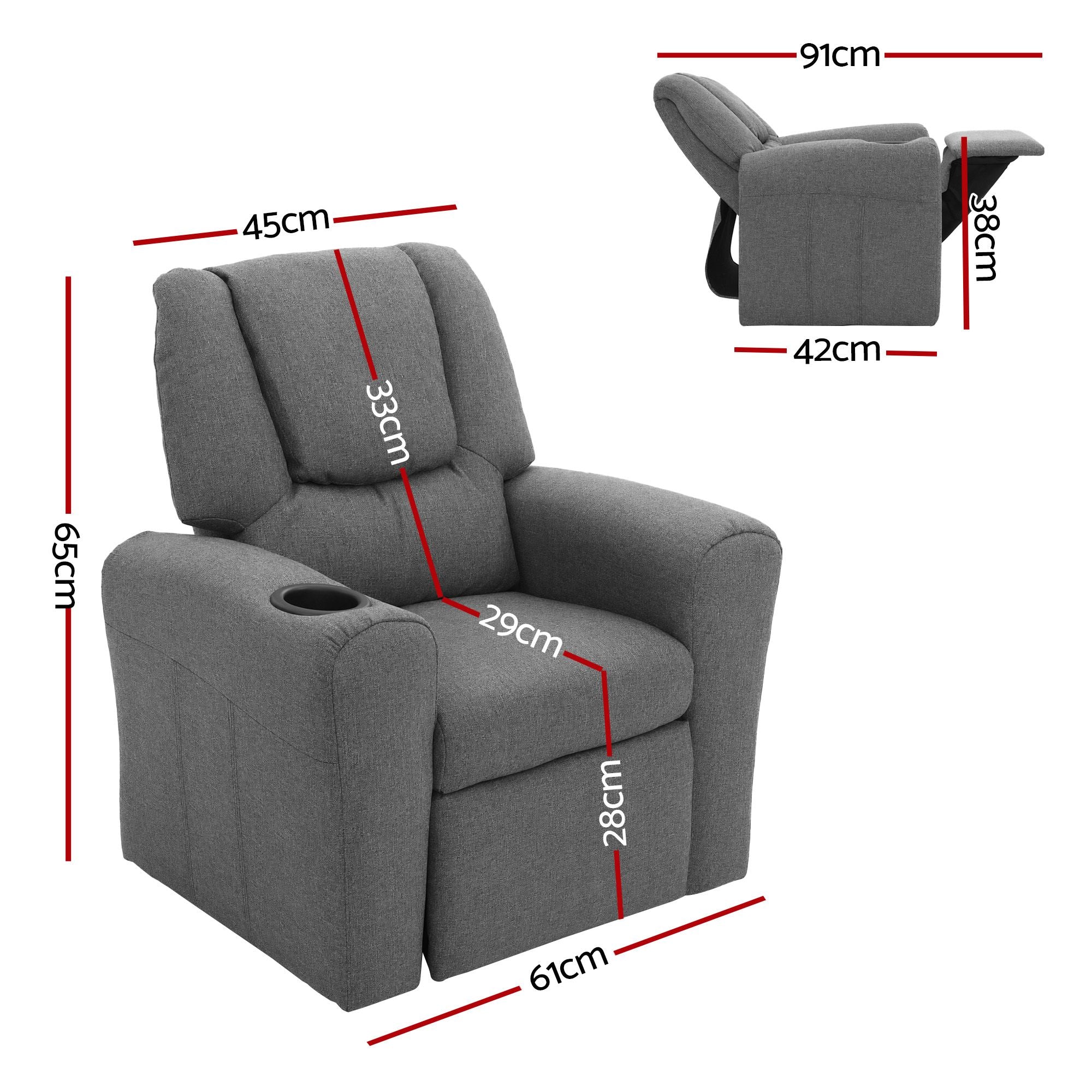 Keezi Kids Recliner Chair Grey Linen Soft Sofa Lounge Couch Children Armchair-Recliner Chairs-PEROZ Accessories