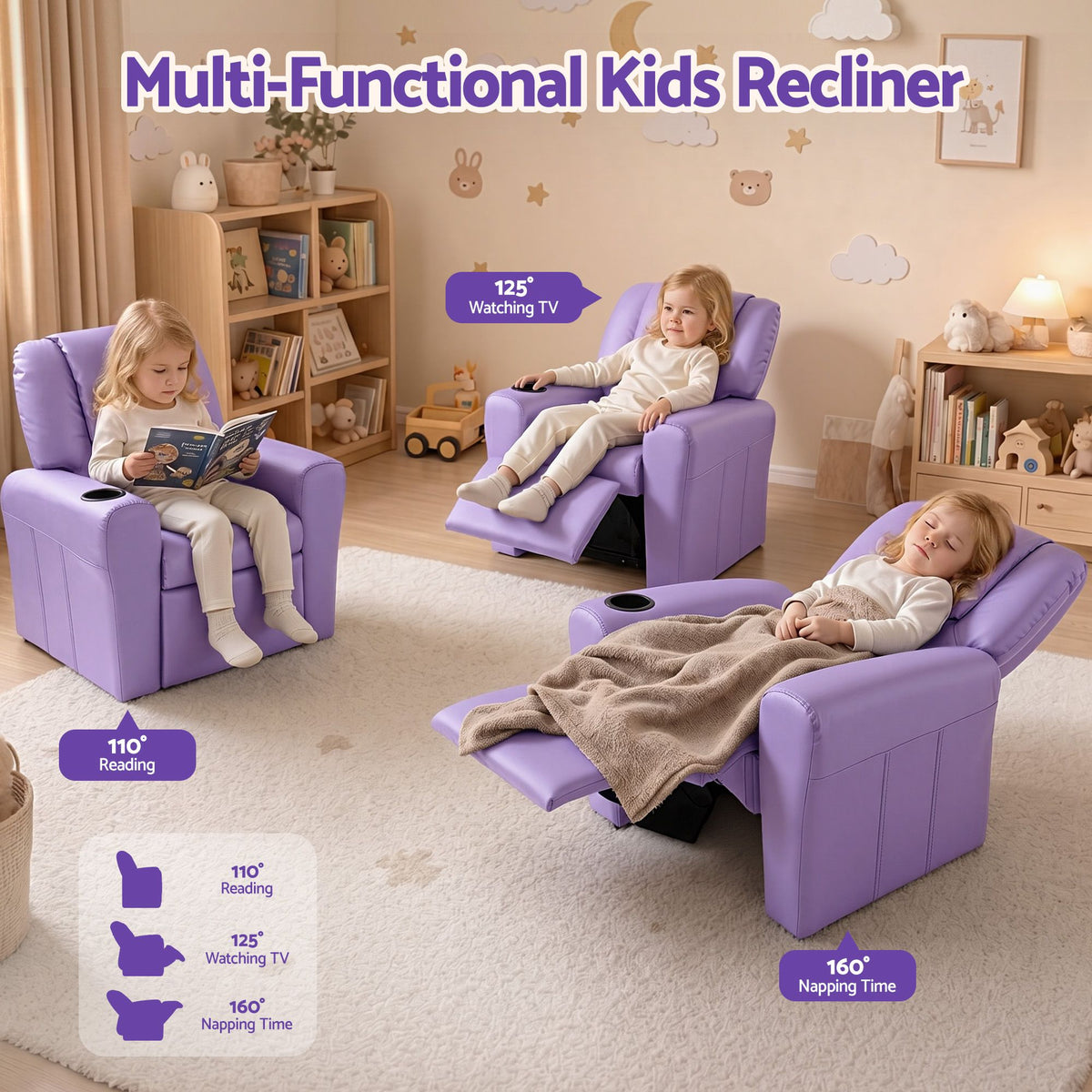 Keezi Kids Recliner Chair PU Leather Sofa Lounge Couch Children Armchair Purple-Recliner Chairs-PEROZ Accessories
