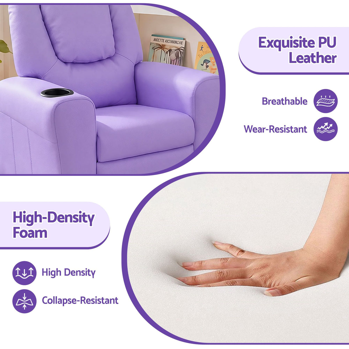 Keezi Kids Recliner Chair PU Leather Sofa Lounge Couch Children Armchair Purple-Recliner Chairs-PEROZ Accessories