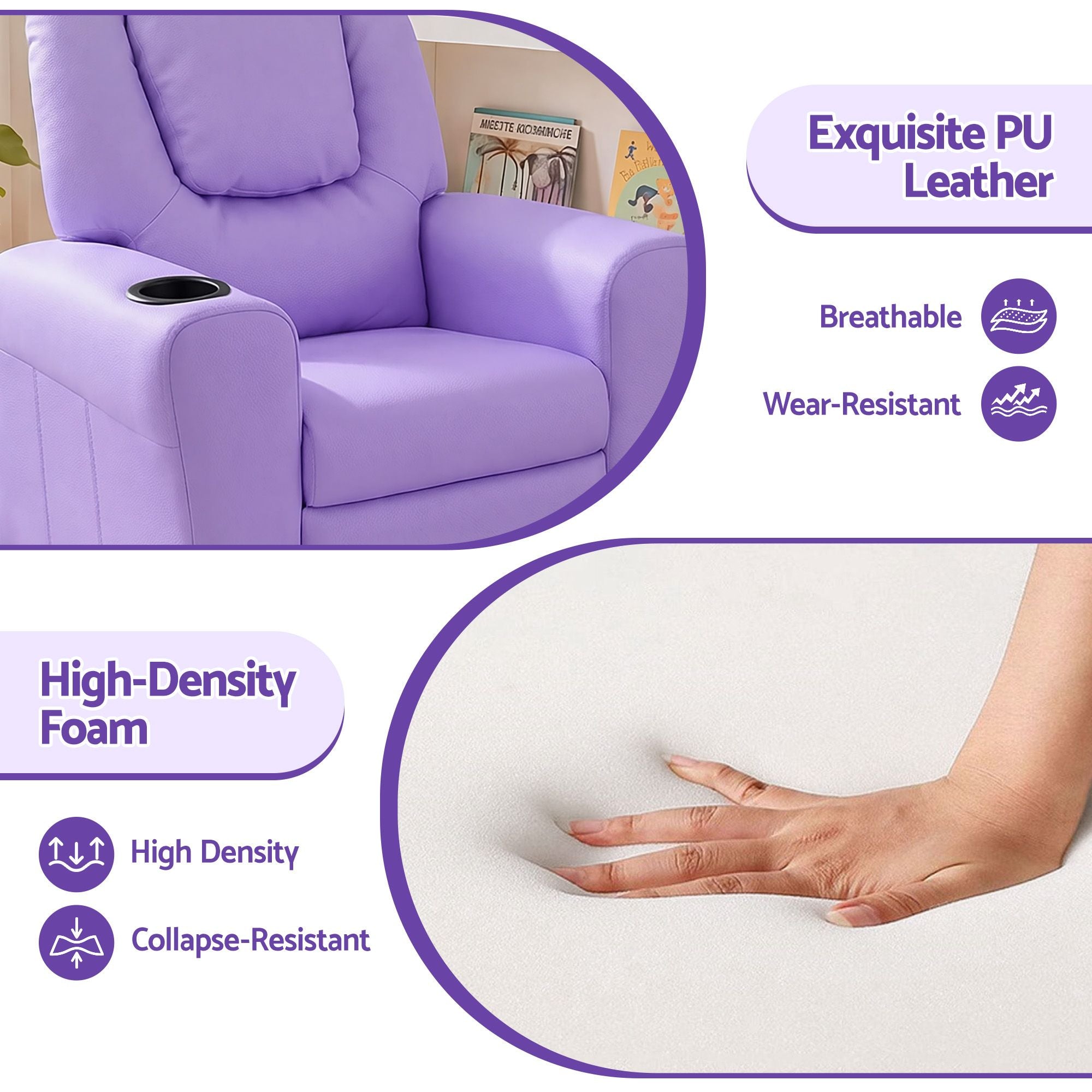 Keezi Kids Recliner Chair Purple PU Leather Sofa Lounge Couch Children Armchair-Recliner Chairs-PEROZ Accessories