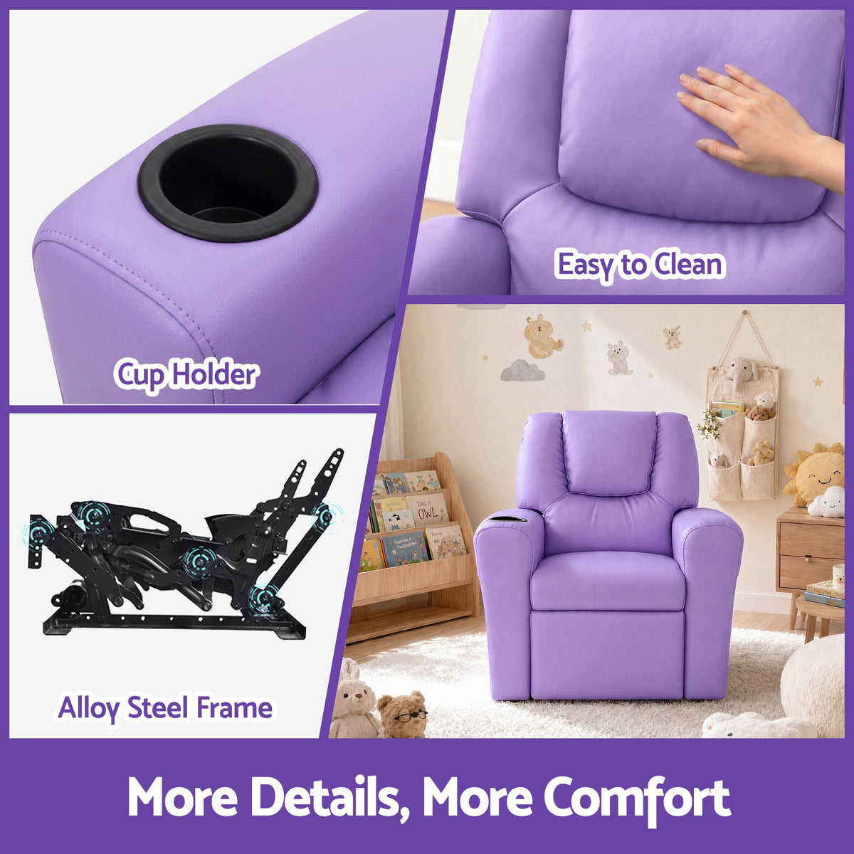 Keezi Kids Recliner Chair PU Leather Sofa Lounge Couch Children Armchair Purple-Recliner Chairs-PEROZ Accessories