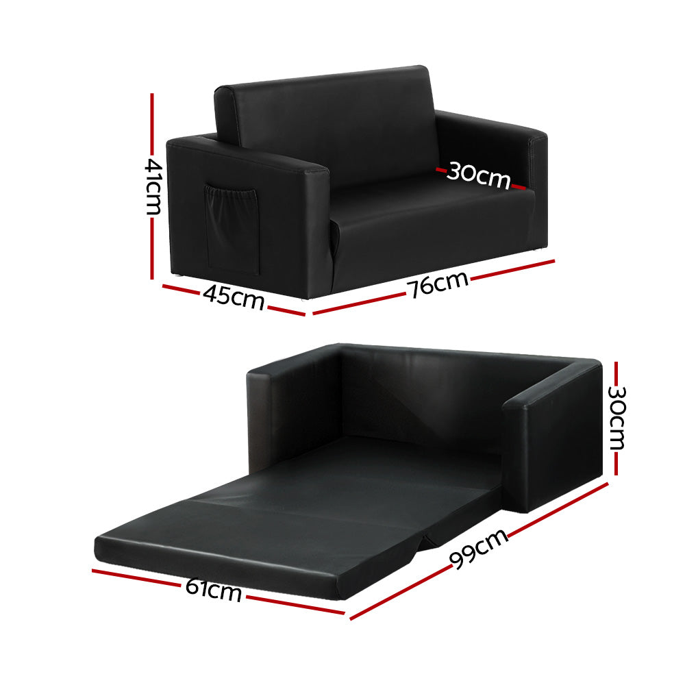 Keezi Kids Sofa 2 Seater Children Flip Open Couch PU Leather Armchair Black-Baby & Kids > Kid&