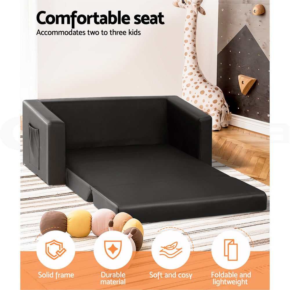 Keezi Kids Sofa 2 Seater Children Flip Open Couch PU Leather Armchair Black-Baby & Kids > Kid&