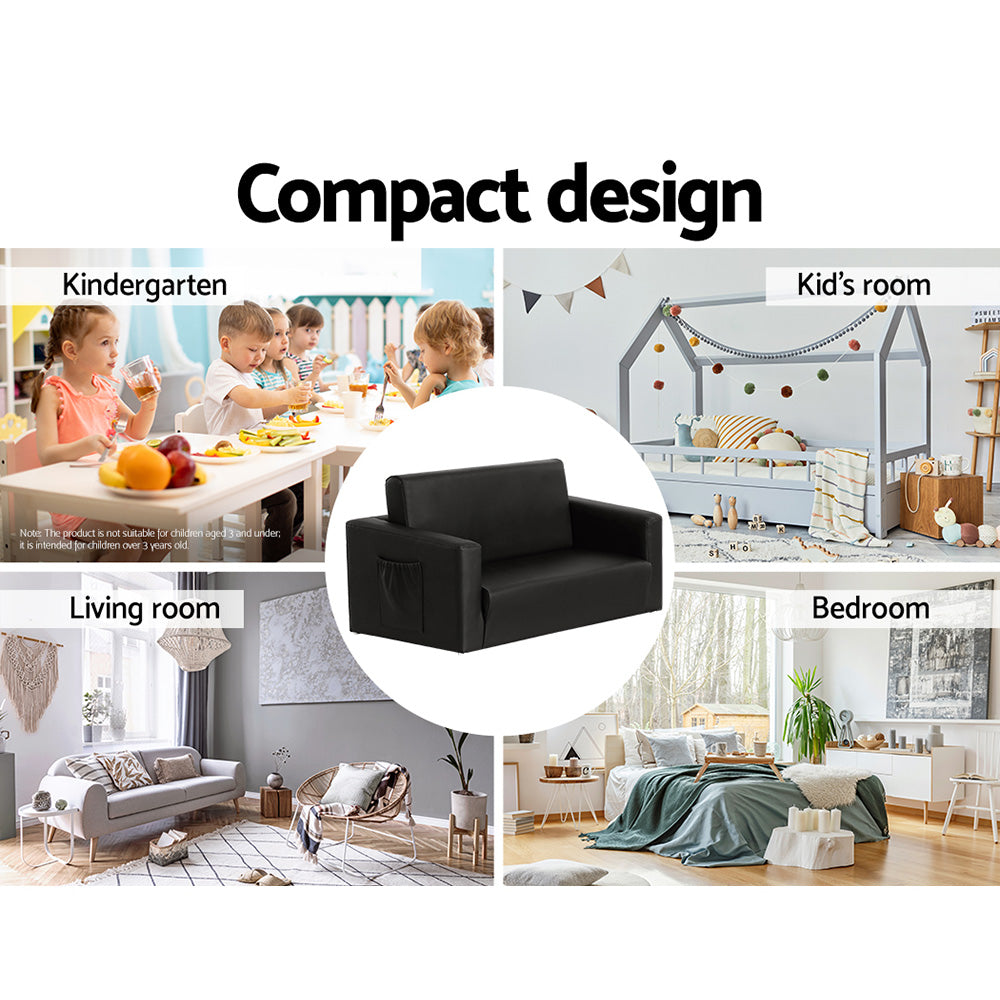 Keezi Kids Sofa 2 Seater Children Flip Open Couch PU Leather Armchair Black-Baby & Kids > Kid&