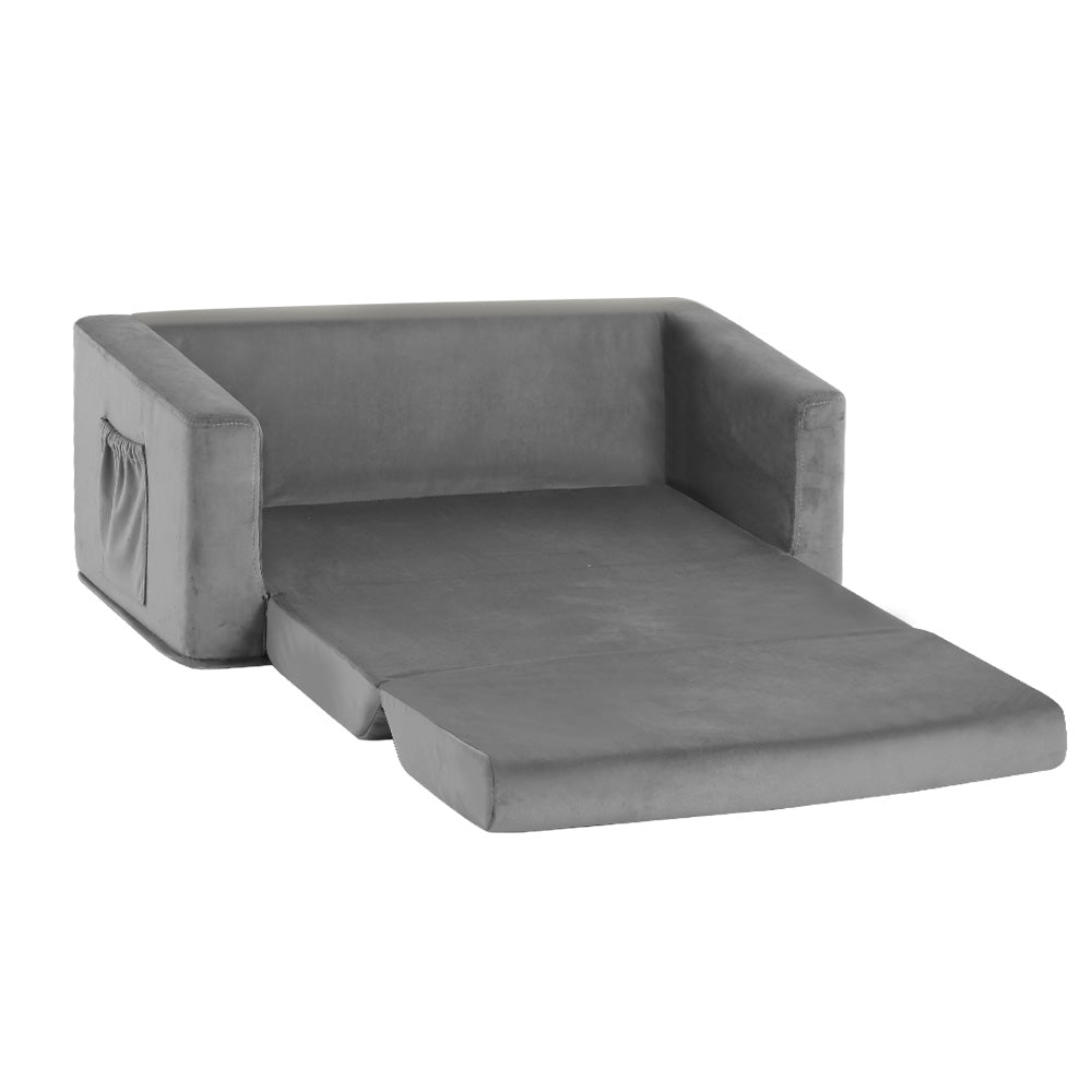 Keezi Kids Sofa 2 Seater Children Flip Open Couch Velvet Armchair Grey-Baby & Kids > Kid&
