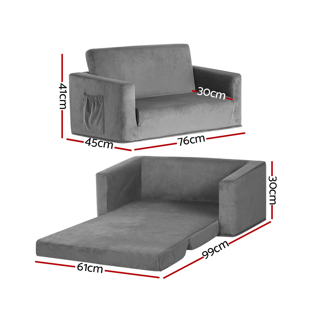 Keezi Kids Sofa 2 Seater Children Flip Open Couch Velvet Armchair Grey-Baby & Kids > Kid&