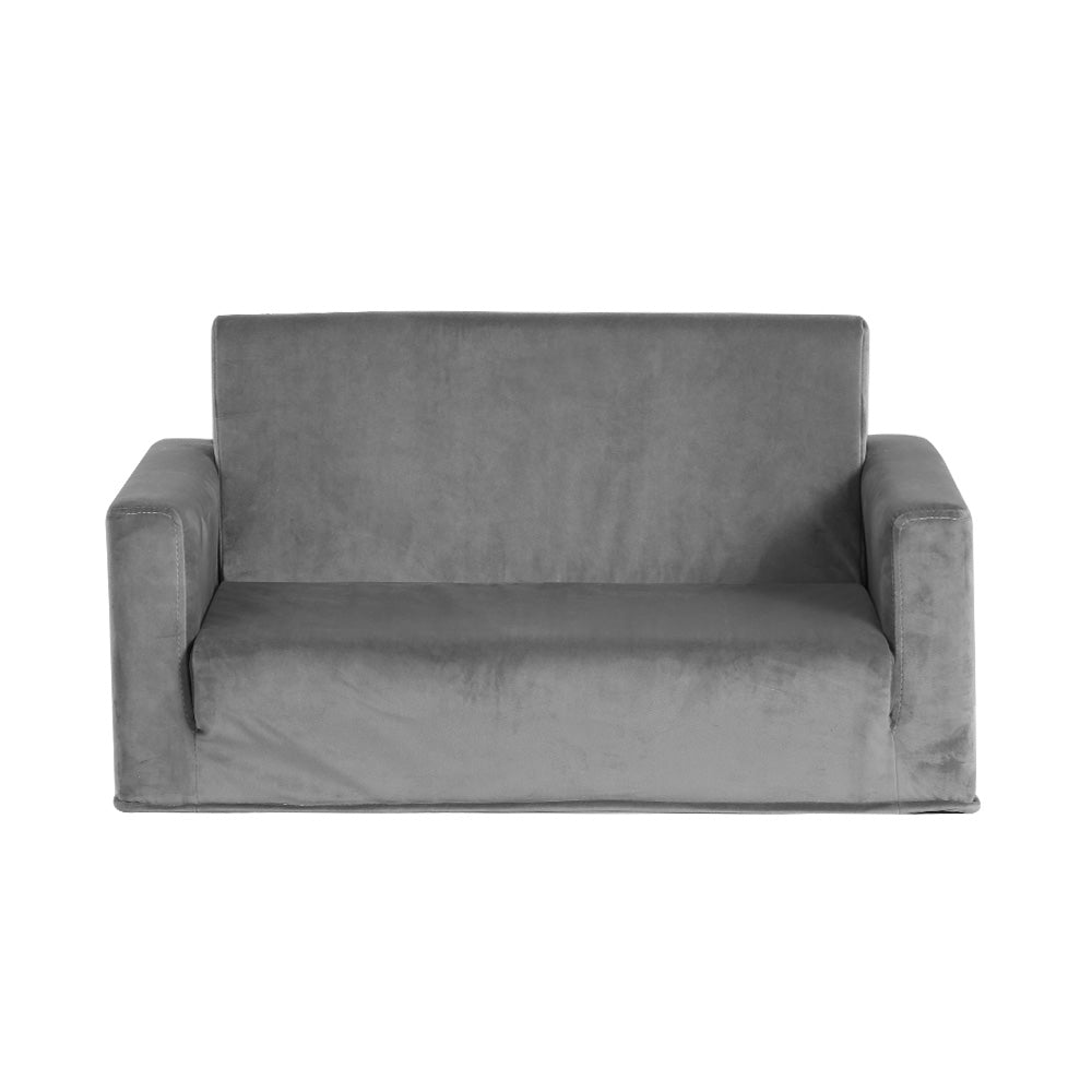 Keezi Kids Sofa 2 Seater Children Flip Open Couch Velvet Armchair Grey-Baby & Kids > Kid&