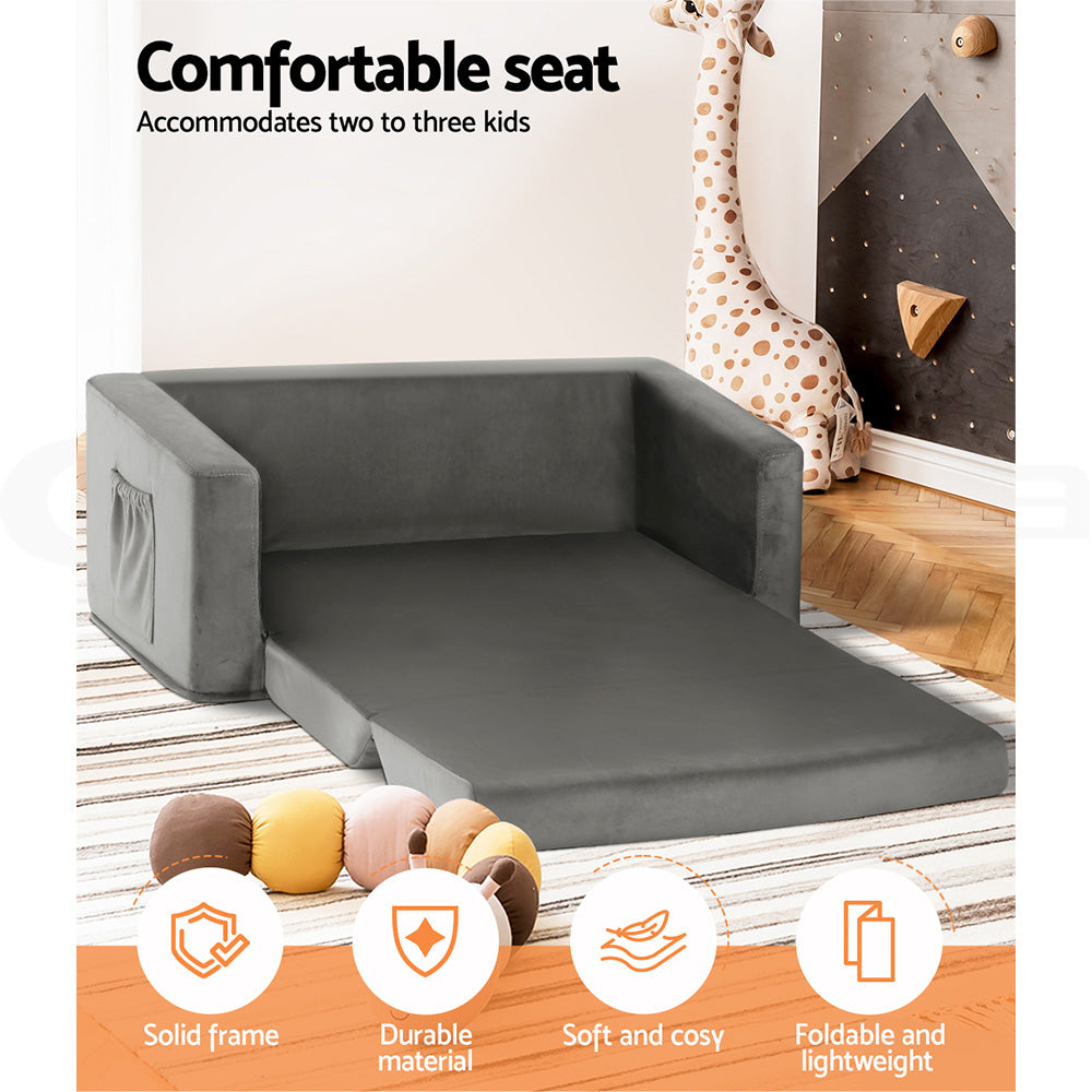 Keezi Kids Sofa 2 Seater Children Flip Open Couch Velvet Armchair Grey-Baby & Kids > Kid&