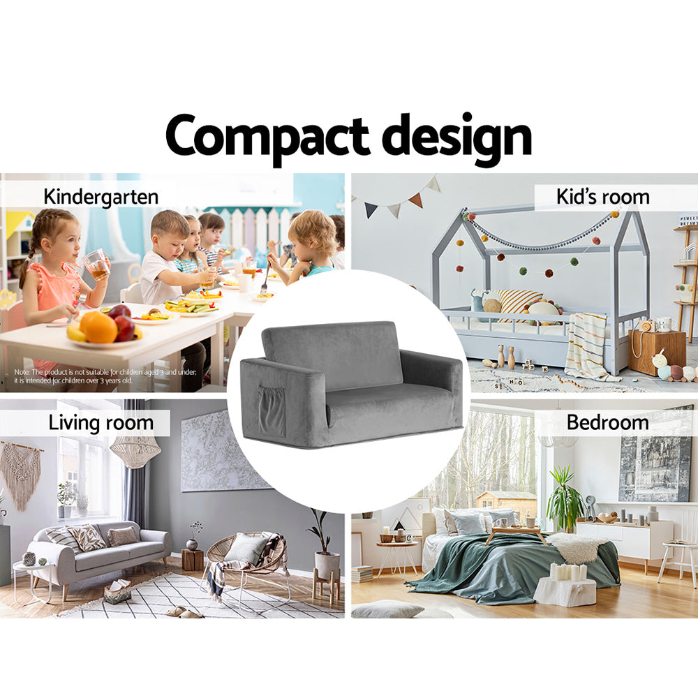 Keezi Kids Sofa 2 Seater Children Flip Open Couch Velvet Armchair Grey-Baby & Kids > Kid&