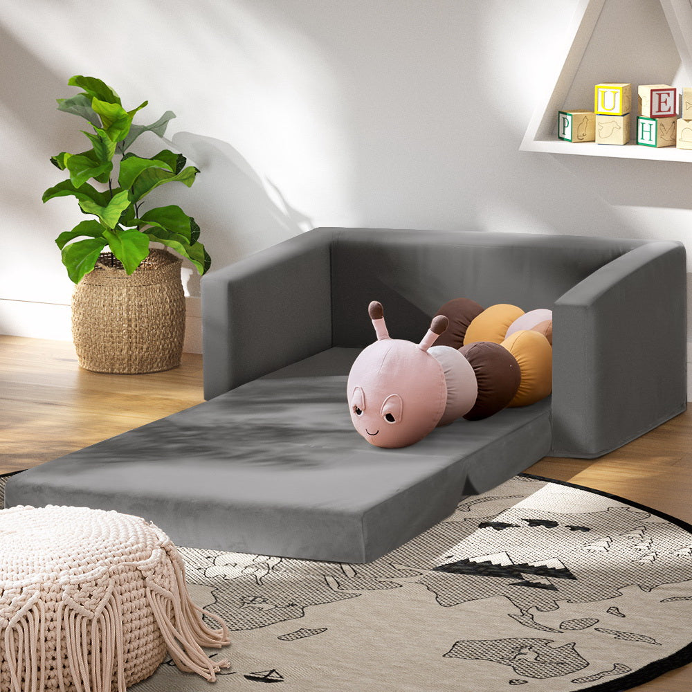 Keezi Kids Sofa 2 Seater Children Flip Open Couch Velvet Armchair Grey-Baby & Kids > Kid&
