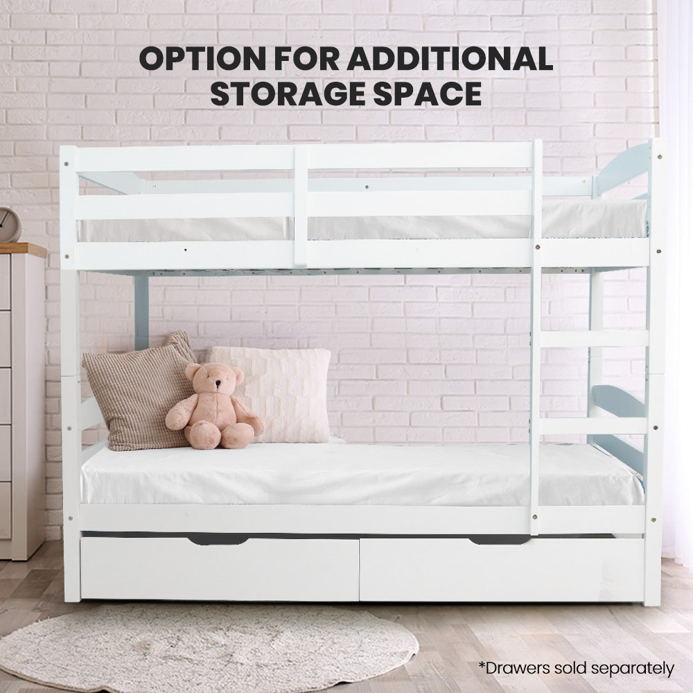 KINGSTON SLUMBER Single Bunk Bed Frame, Solid Pine 2-in-1 Modular Design, White-Furniture > Bedroom > Beds & Bed Frames-PEROZ Accessories