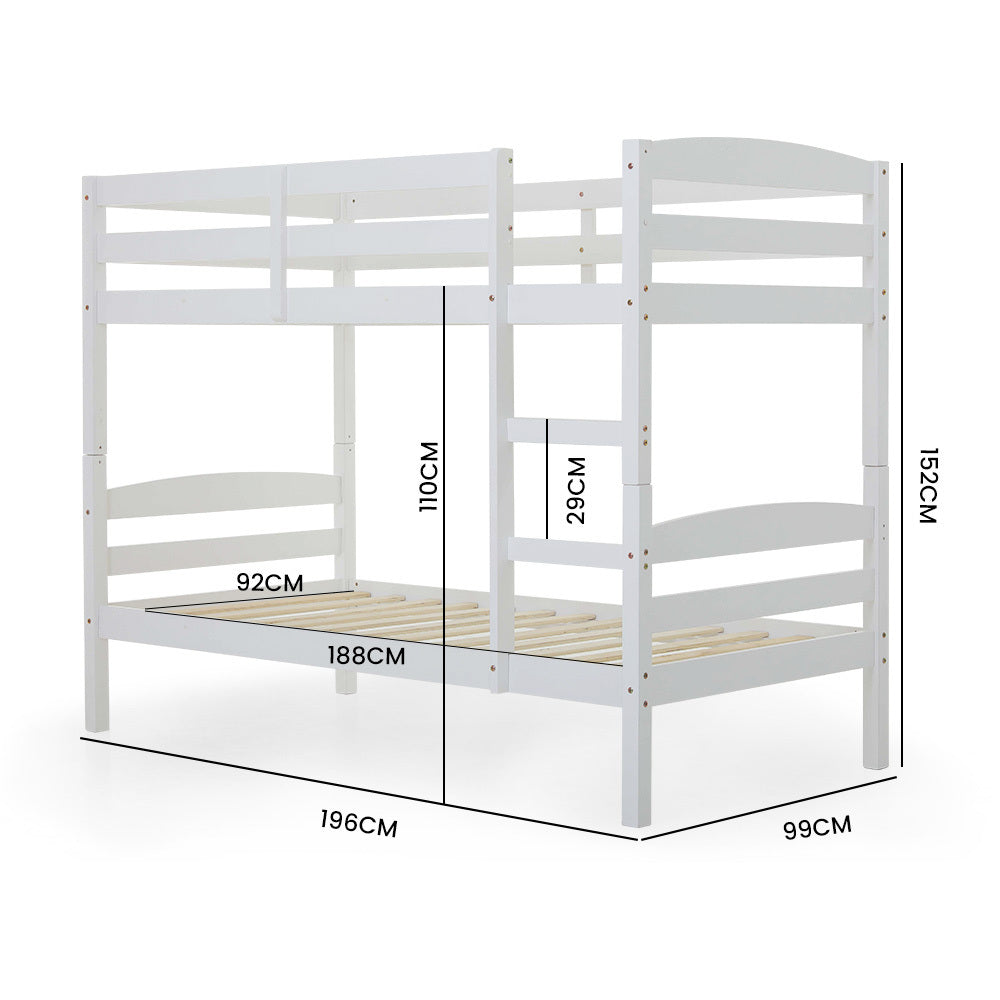 KINGSTON SLUMBER Single Bunk Bed Frame, Solid Pine 2-in-1 Modular Design, White-Furniture > Bedroom > Beds & Bed Frames-PEROZ Accessories