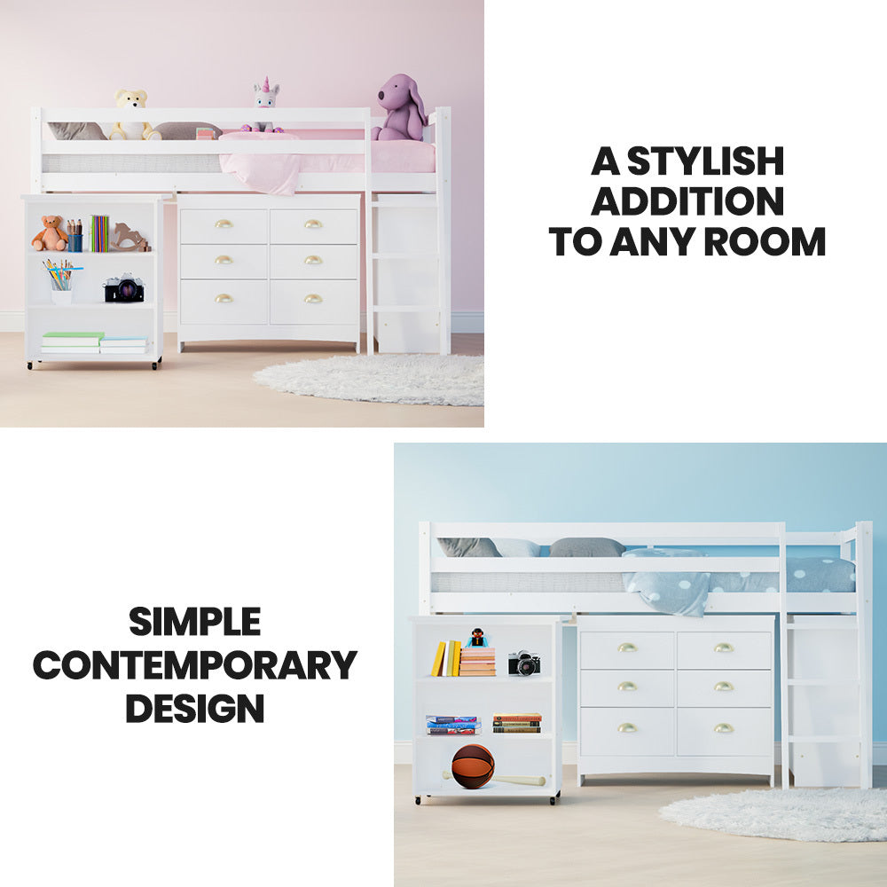 KINGSTON SLUMBER Wooden Kids Single Loft Bed Frame with Pull Out Desk, Storage Drawers, Cabinet - White-Furniture > Bedroom > Beds & Bed Frames-PEROZ Accessories