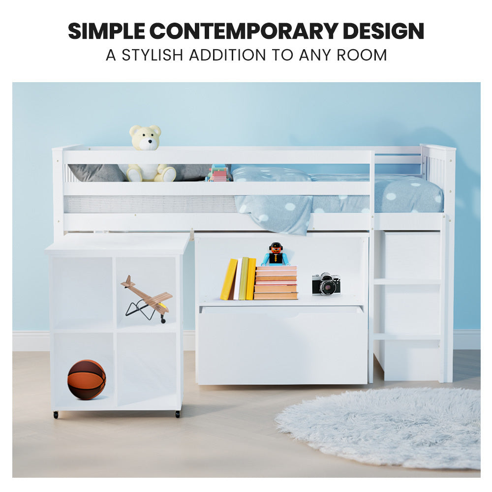 KINGSTON SLUMBER Wooden Kids Single Loft Bed Frame with Pull Out Desk, Storage Drawers - White-Furniture > Bedroom > Beds & Bed Frames-PEROZ Accessories