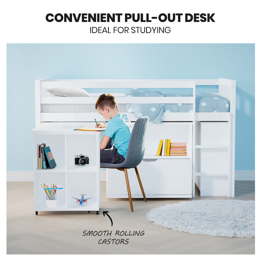 KINGSTON SLUMBER Wooden Kids Single Loft Bed Frame with Pull Out Desk, Storage Drawers - White-Furniture > Bedroom > Beds & Bed Frames-PEROZ Accessories