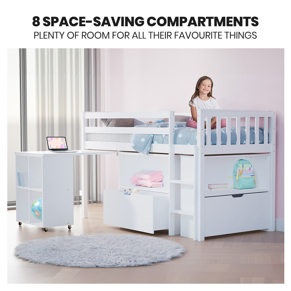 KINGSTON SLUMBER Wooden Kids Single Loft Bed Frame with Pull Out Desk, Storage Drawers - White-Furniture > Bedroom > Beds & Bed Frames-PEROZ Accessories