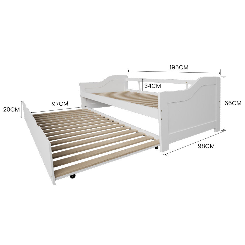 KINGSTON SLUMBER Wooden Single Sofa Bed Frame with Trundle Underbed - White-Furniture > Bedroom > Beds & Bed Frames-PEROZ Accessories