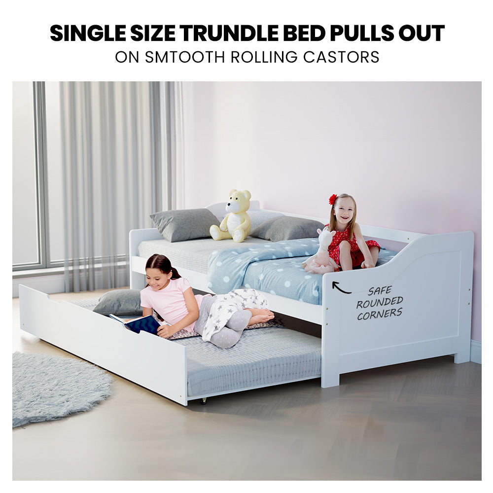 KINGSTON SLUMBER Wooden Single Sofa Bed Frame with Trundle Underbed - White-Furniture > Bedroom > Beds & Bed Frames-PEROZ Accessories