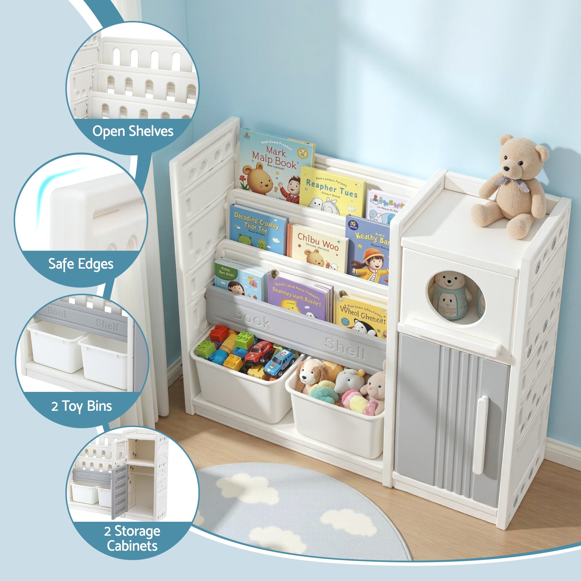 Keezi Kids Bookshelf and Toy Storage Organizer with 3-Tier Bookshelvs, 2 Removable Bins and 2 Storage Cabinets, Toddler Bookshelf with Toy Organizer for Kids&