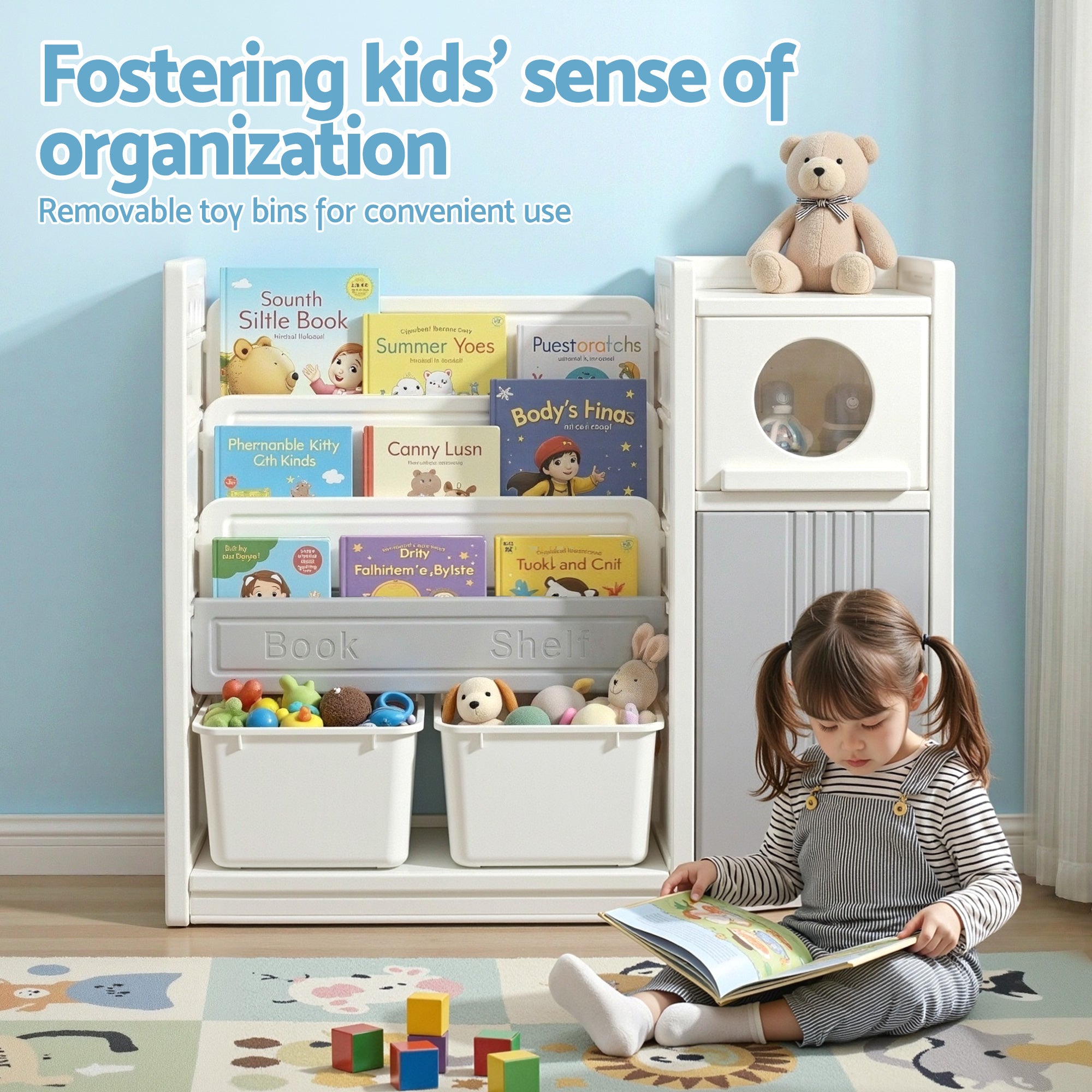 Keezi Kids Bookshelf and Toy Storage Organizer with 3-Tier Bookshelvs, 2 Removable Bins and 2 Storage Cabinets, Toddler Bookshelf with Toy Organizer for Kids&