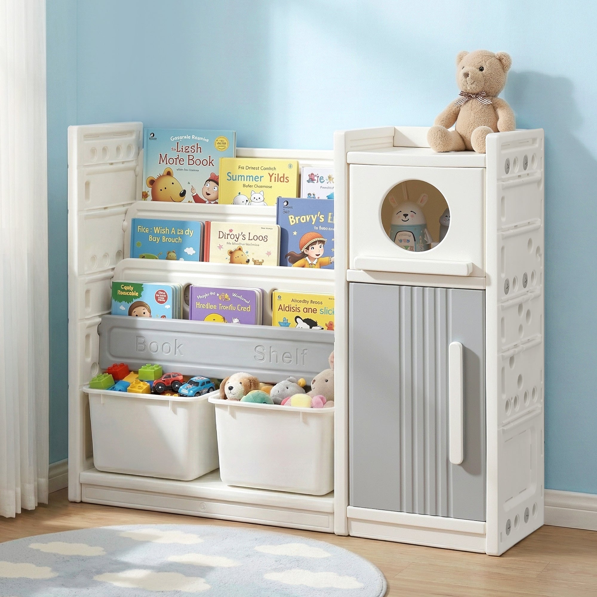Keezi Kids Bookshelf and Toy Storage Organizer with 3-Tier Bookshelvs, 2 Removable Bins and 2 Storage Cabinets, Toddler Bookshelf with Toy Organizer for Kids&