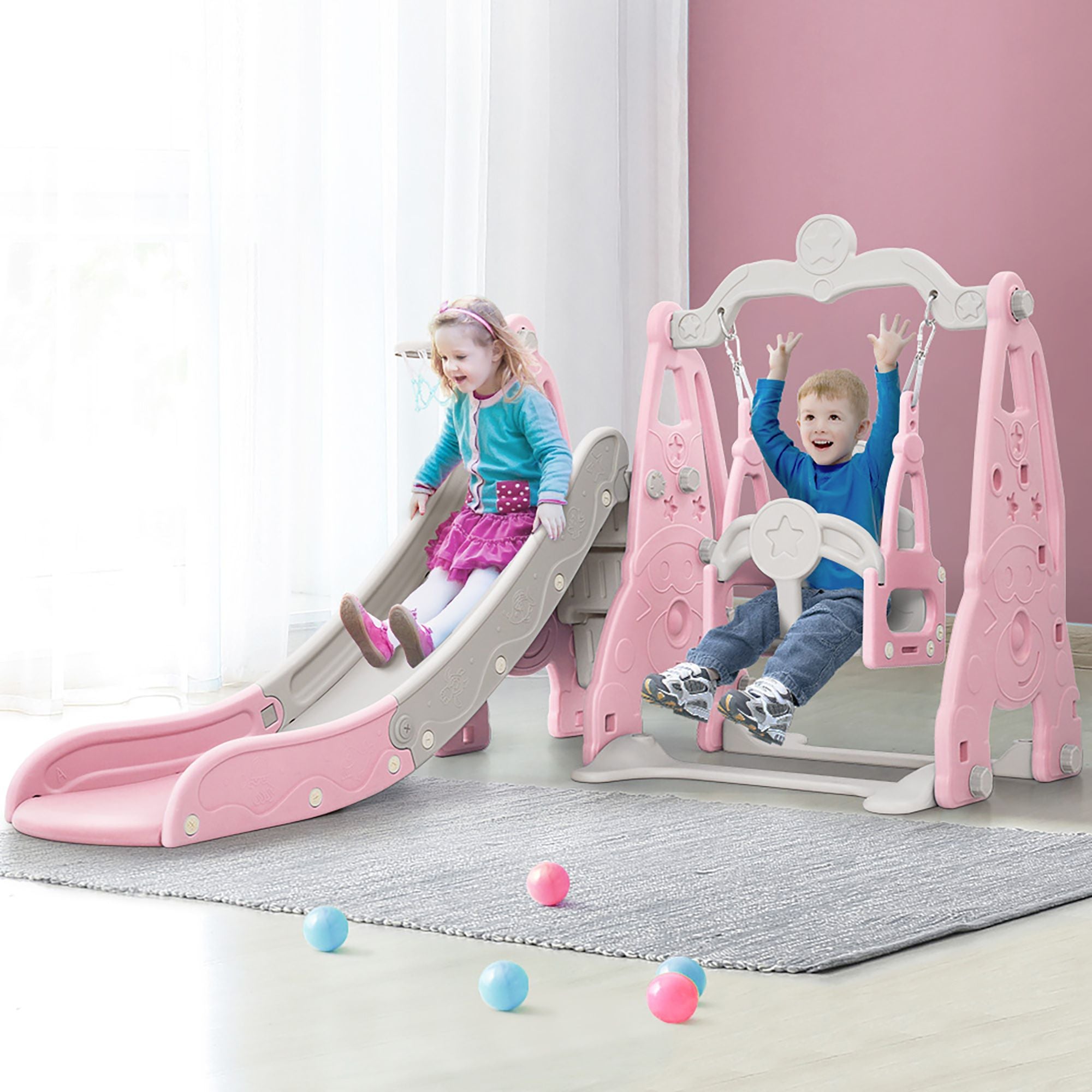 Keezi Kids Slide Swing Set Basketball Hoop Outdoor Playground Toys 170cm Pink-Outdoor Slides-PEROZ Accessories