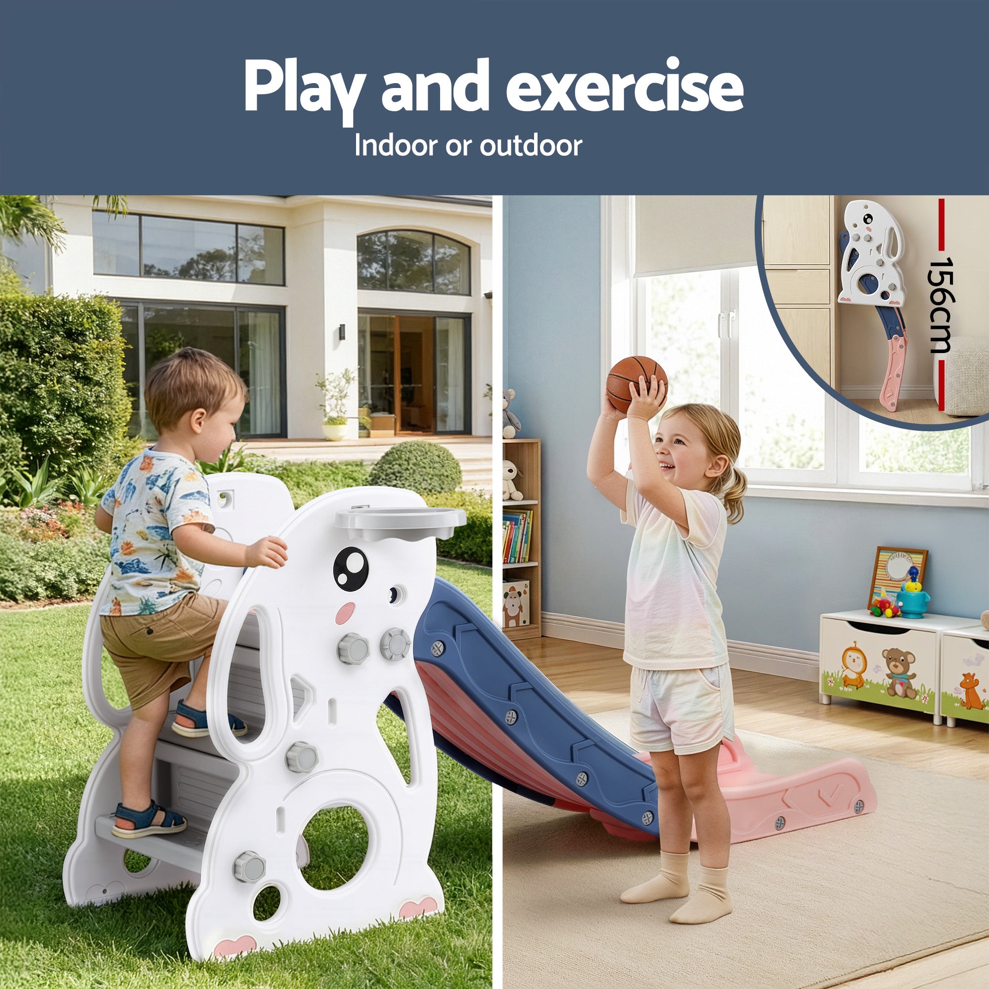 Keezi Kids Slide Set Basketball Hoop Ring Outdoor Playground Toy Rabbit 147cm-Baby & Kids > Baby & Kid&