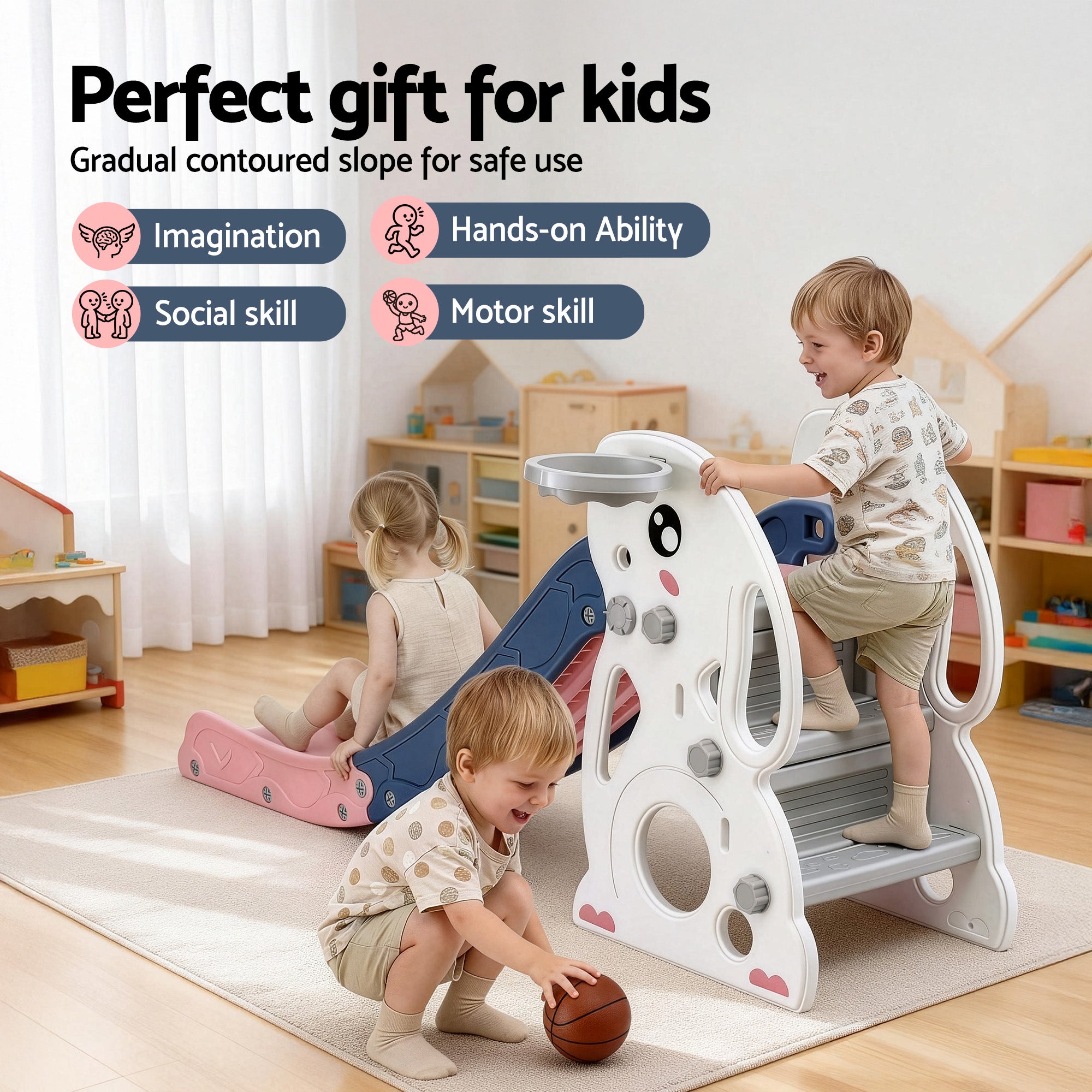 Keezi Kids Slide Set Basketball Hoop Ring Outdoor Playground Toy Rabbit 147cm-Baby & Kids > Baby & Kid&