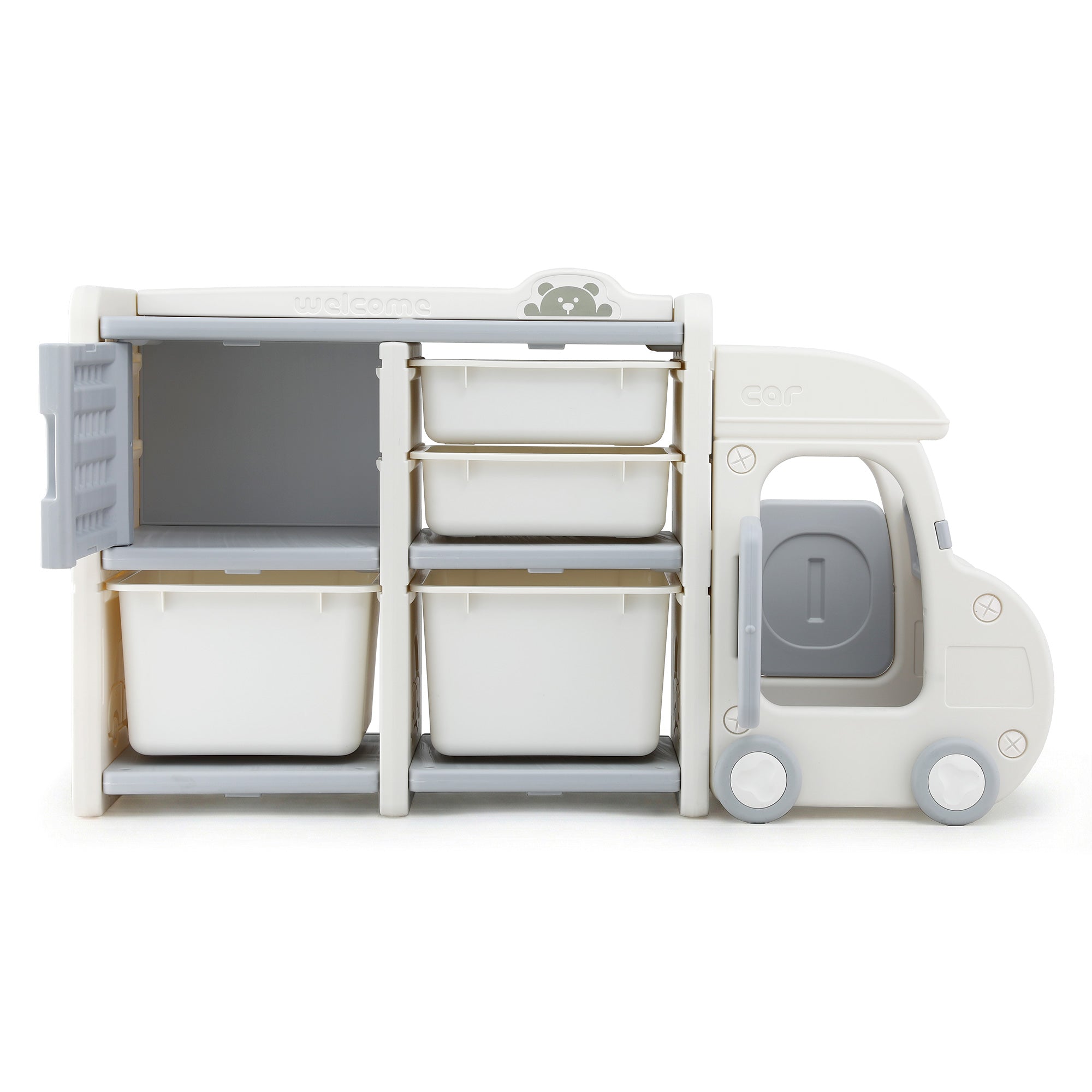 Keezi Toy Storage Organizer with 4 Storage Bins and Cabinet, Bookcase Kids Toys Box, Toy Storage for Kids Room, Playroom, Bedroom, Nursery, Car Shaped-Baby & Kids > Kid&