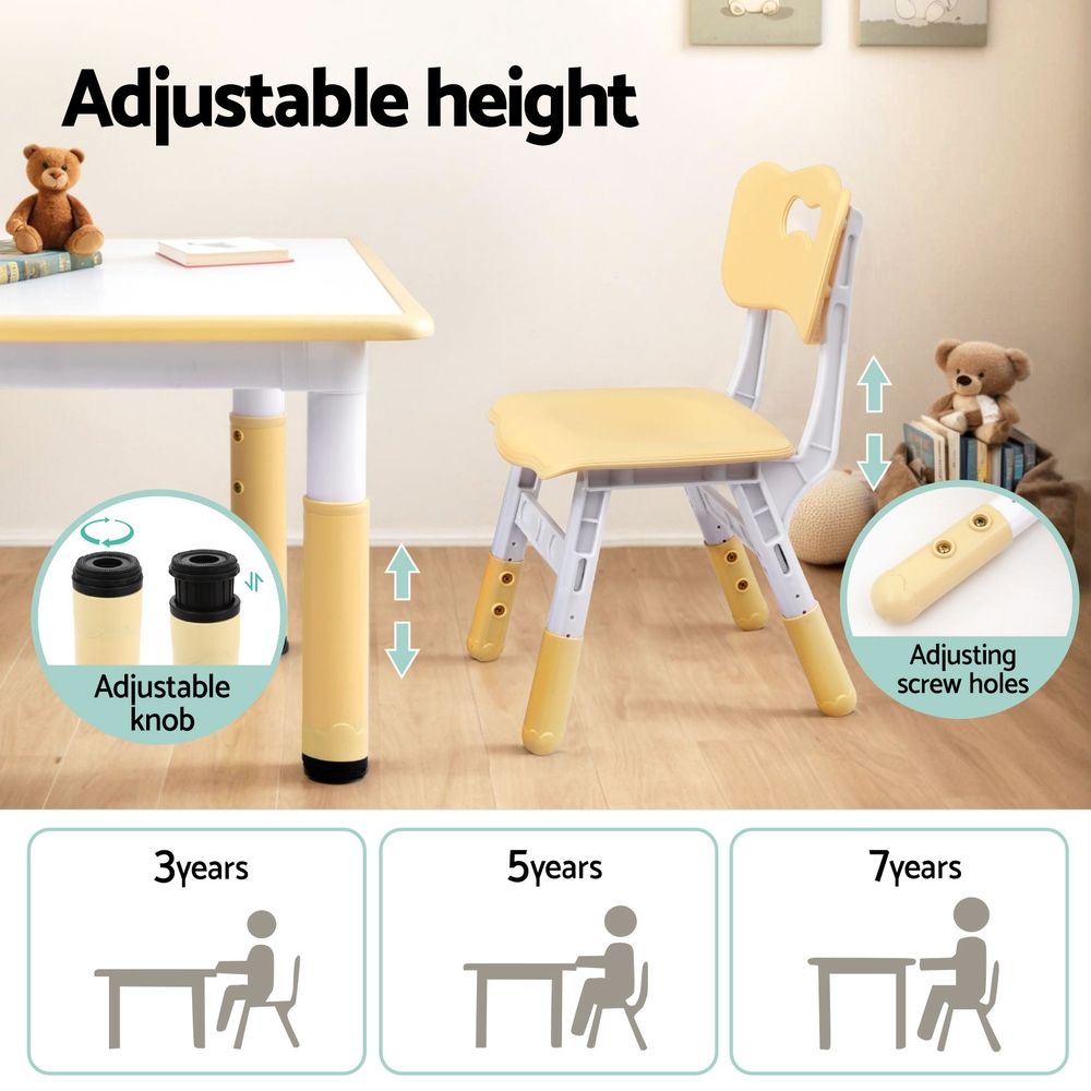 Keezi Kids Table and 4 Chairs Set Height Adjustable Toddler Desk and Chair Set for Ages 3-8, Children Activity Table with Graffiti Desktop for Learning Drawing Playing, Yellow-Baby & Kids > Kid&