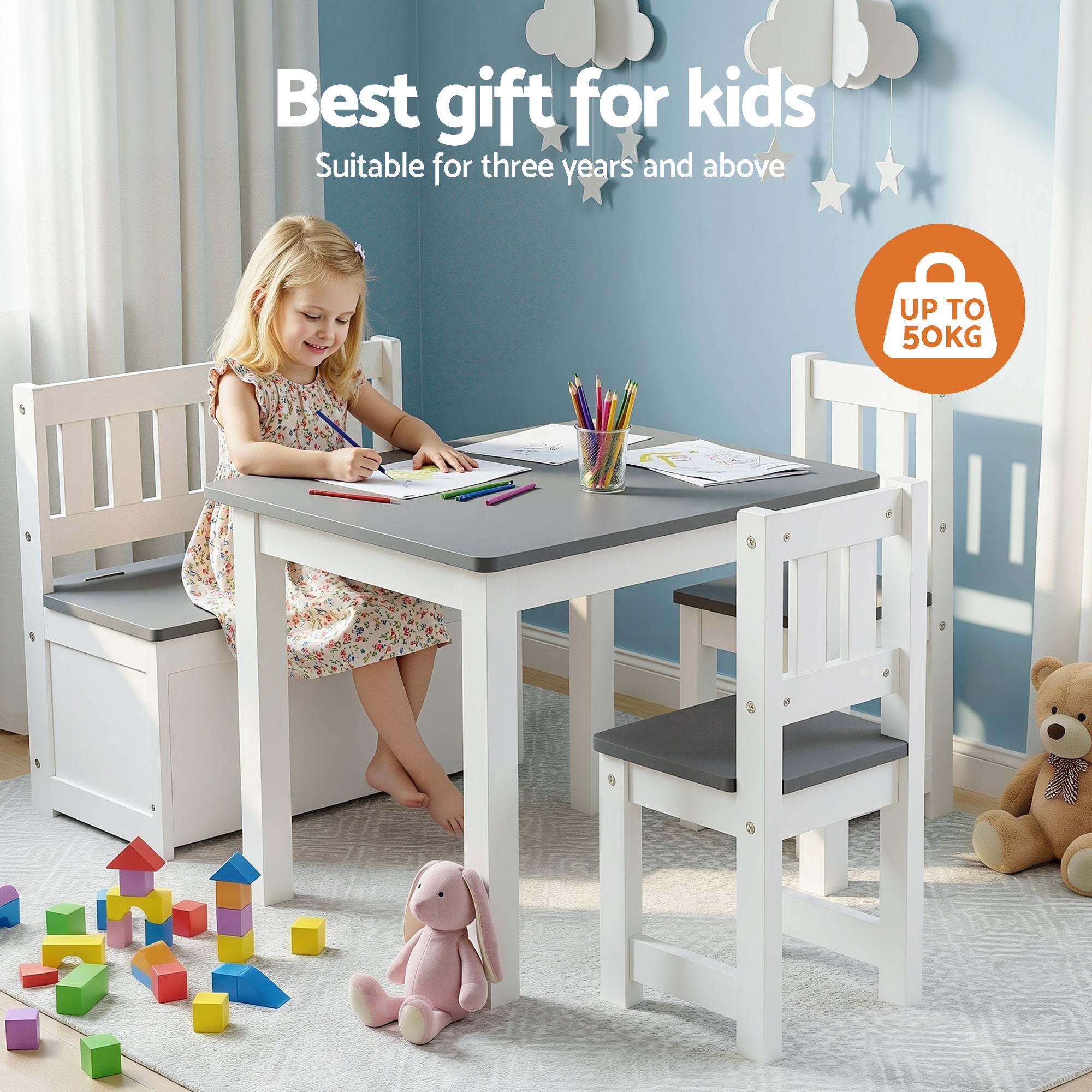 Keezi 2 in 1 Kids Table and Chair Set, Activity Table with Storage Bench and 2 Chairs for Reading, Drawing, Writing, Snack Time & Arts Crafts, 4 PCS Toddler Table and Chair Set, Grey-Baby & Kids > Kid&
