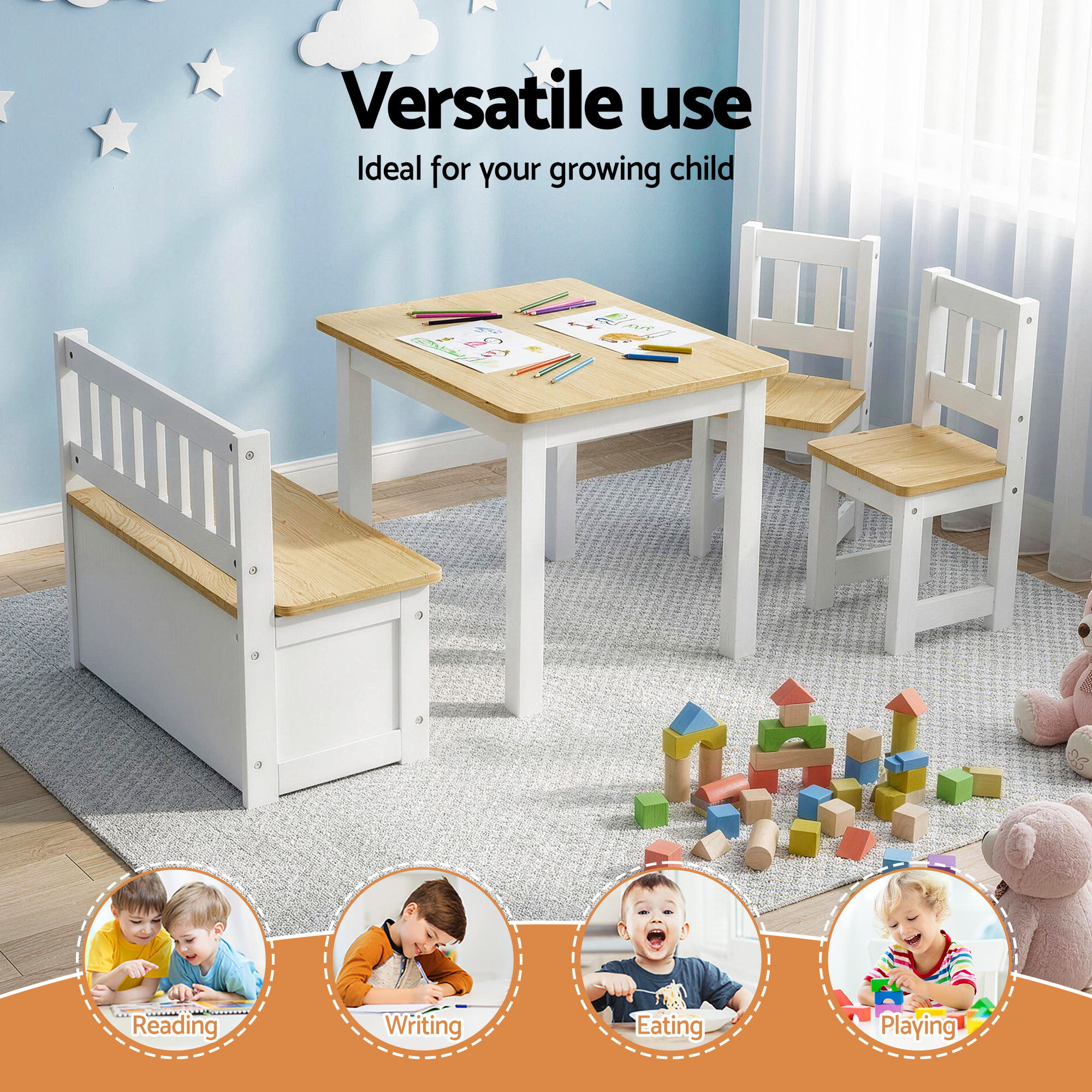 Keezi 2 in 1 Kids Table and Chair Set, Activity Table with Storage Bench and 2 Chairs for Reading, Drawing, Writing, Snack Time & Arts Crafts, 4 PCS Toddler Table and Chair Set, Natural-Baby & Kids > Kid&