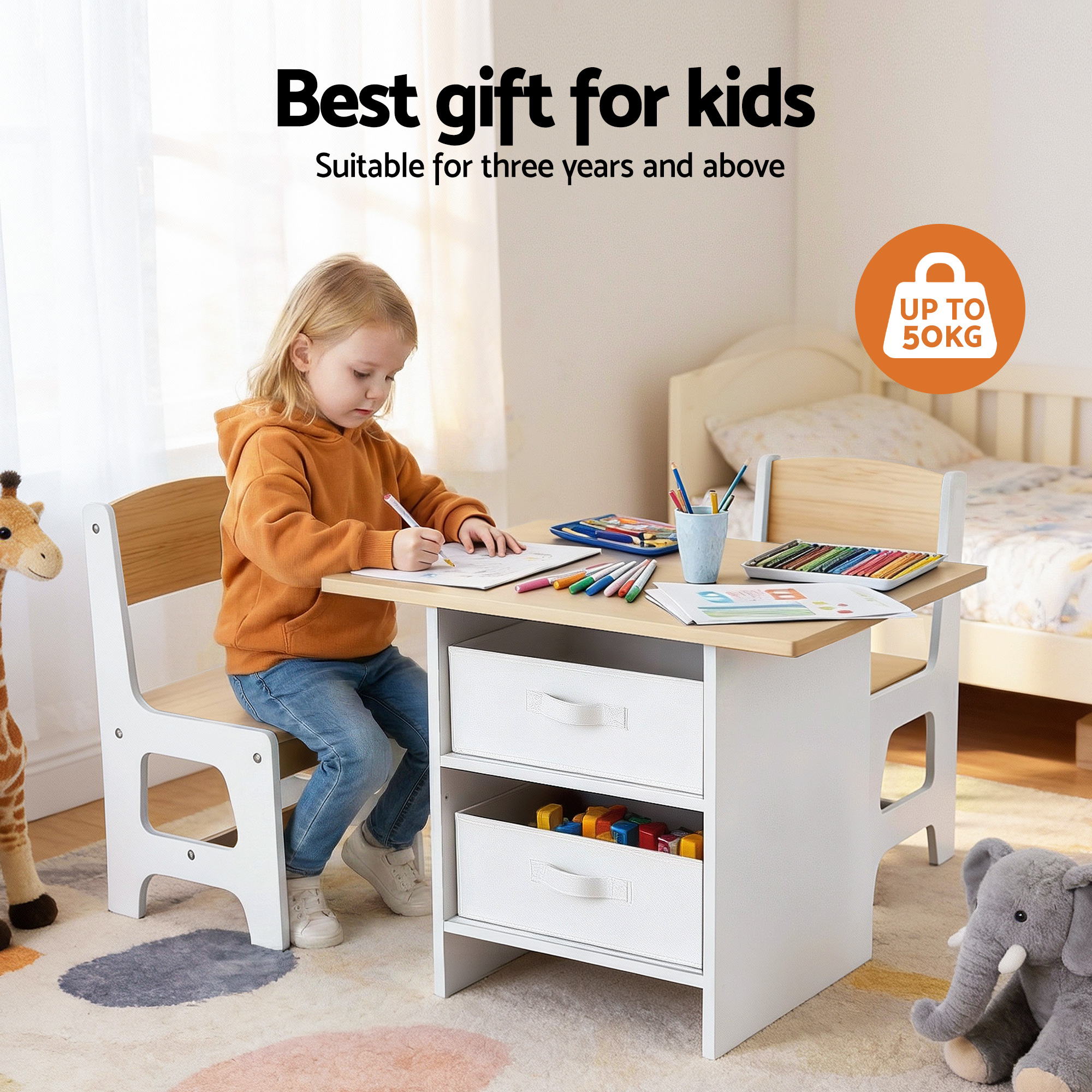 Keezi Kids Table and 2 Chairs Set Wooden Activity Table wit 2 Storage Drawers, Toddler Table and Chair Set for Children Drawing, Reading, Crafts, Eating, Natural-Baby & Kids > Kid&