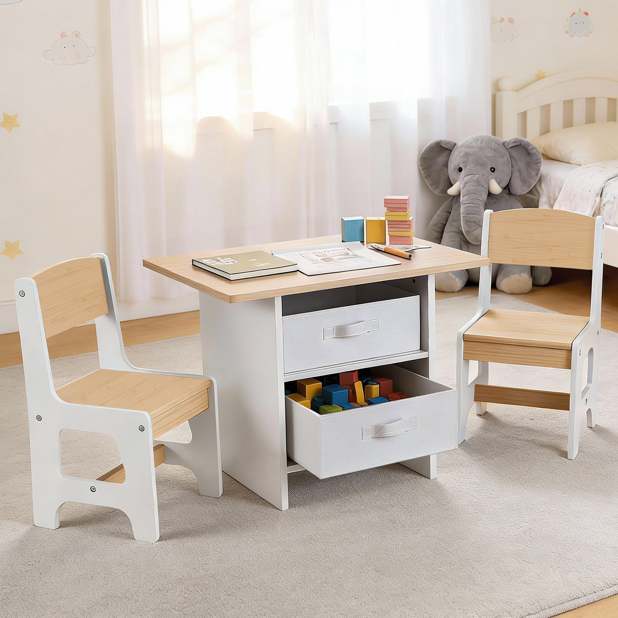 Keezi Kids Table and 2 Chairs Set Wooden Activity Table wit 2 Storage Drawers, Toddler Table and Chair Set for Children Drawing, Reading, Crafts, Eating, Natural-Baby & Kids > Kid&
