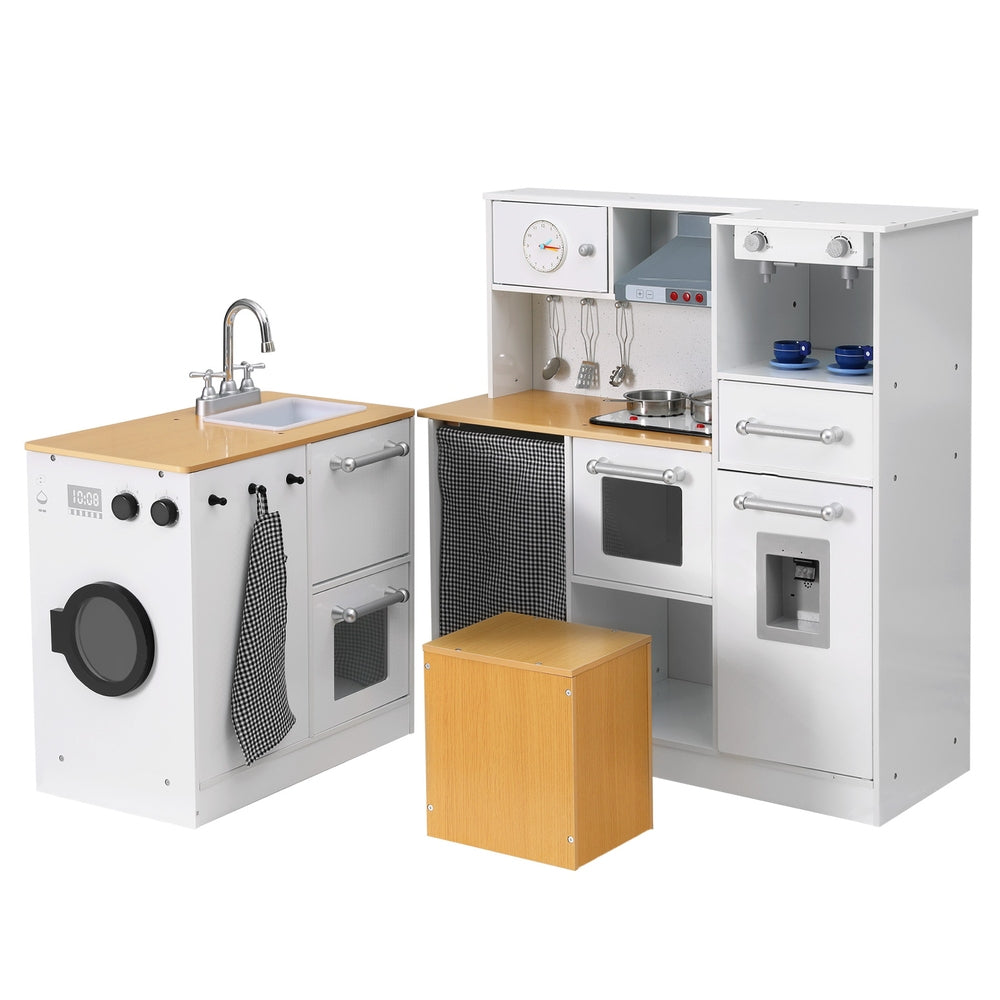 Keezi Kids Kitchen Playset 2-Piece Wooden Pretend Play Coffee Maker Toy 80CM White-Baby & Kids > Baby & Kid&