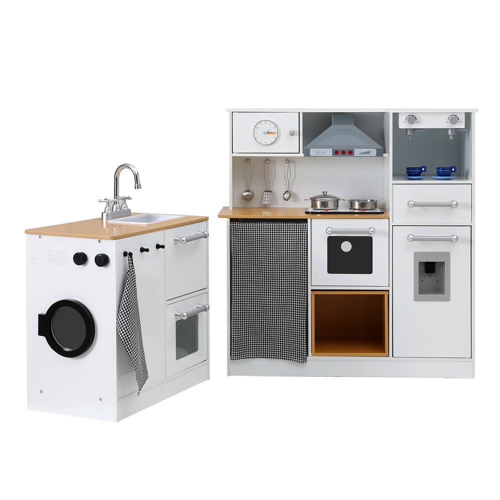 Keezi Kids Kitchen Playset 2-Piece Wooden Pretend Play Coffee Maker Toy 80CM White-Baby & Kids > Baby & Kid&
