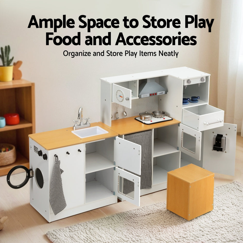 Keezi Kids Kitchen Playset 2-Piece Wooden Pretend Play Coffee Maker Toy 80CM White-Baby & Kids > Baby & Kid&